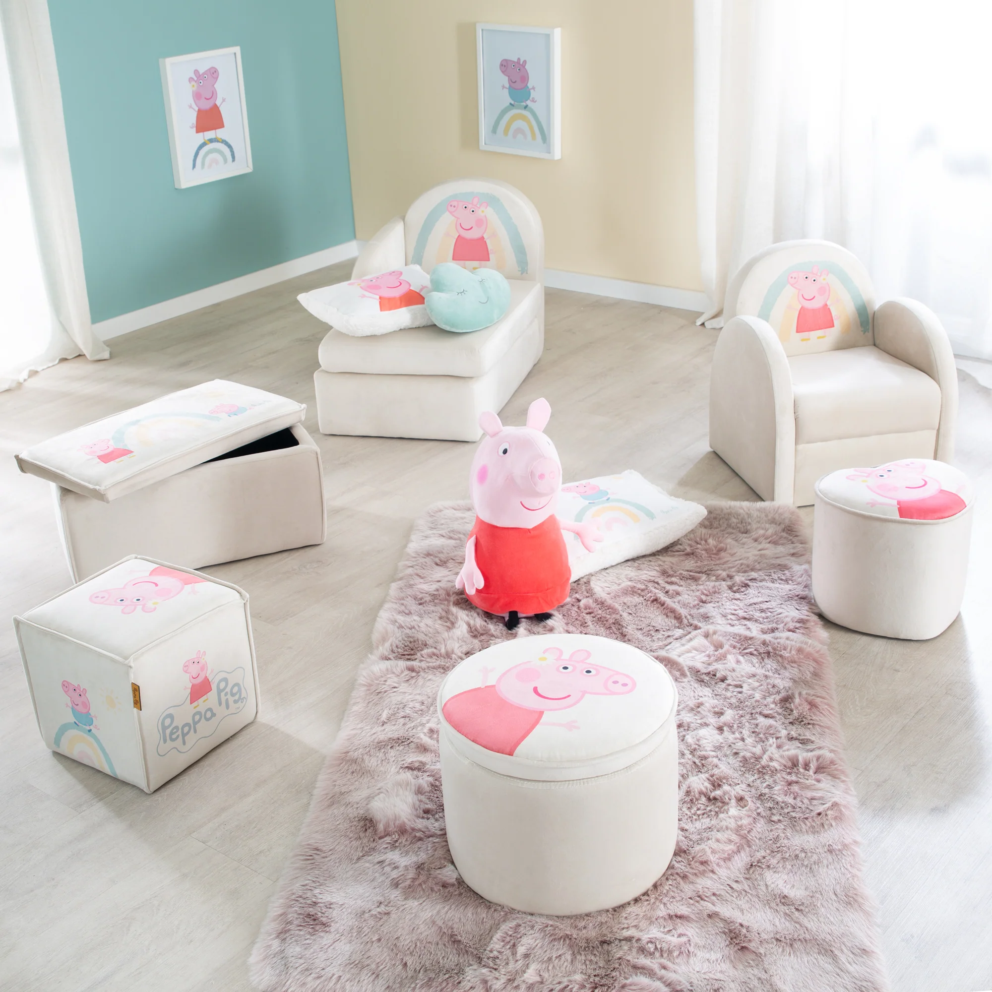 Kinderhocker 'Peppa Pig' in Herzform - Samtbezug in Beige - Rosa Peppa Motiv - Image 4