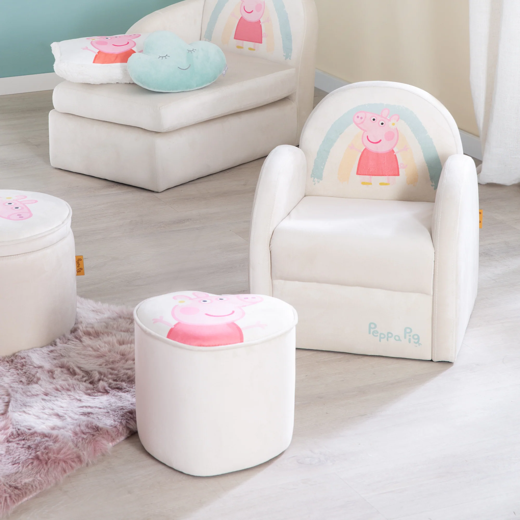 Kinderhocker 'Peppa Pig' in Herzform - Samtbezug in Beige - Rosa Peppa Motiv - Image 7