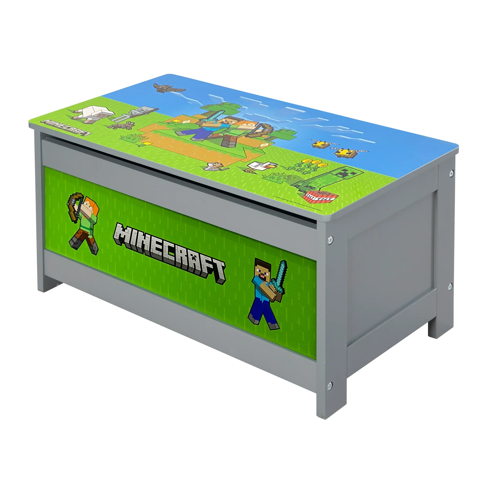 Spielzeugtruhe 'Minecraft' mit Deckel - Klappbare Sitzfläche - Grau / Grün