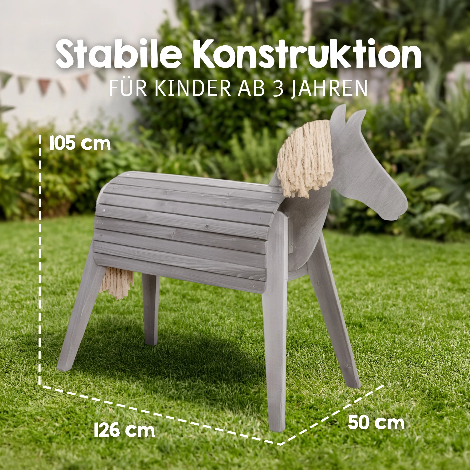 Voltigier- & Outdoorpferd mit Mähne & Schweif - Massivholz grau - Image 3