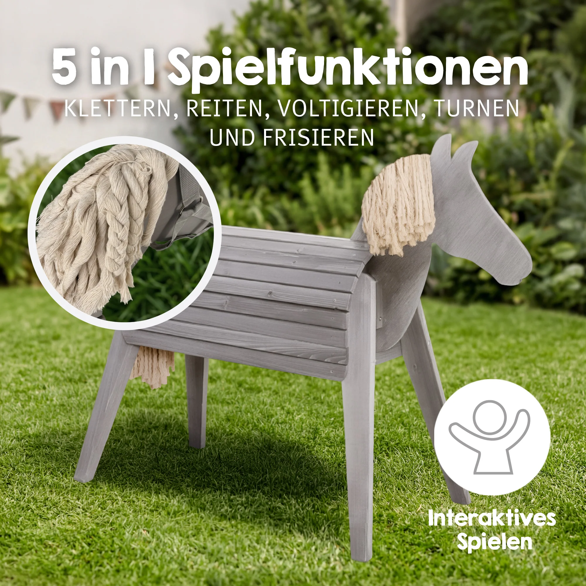 Voltigier- & Outdoorpferd mit Mähne & Schweif - Massivholz grau - Image 6