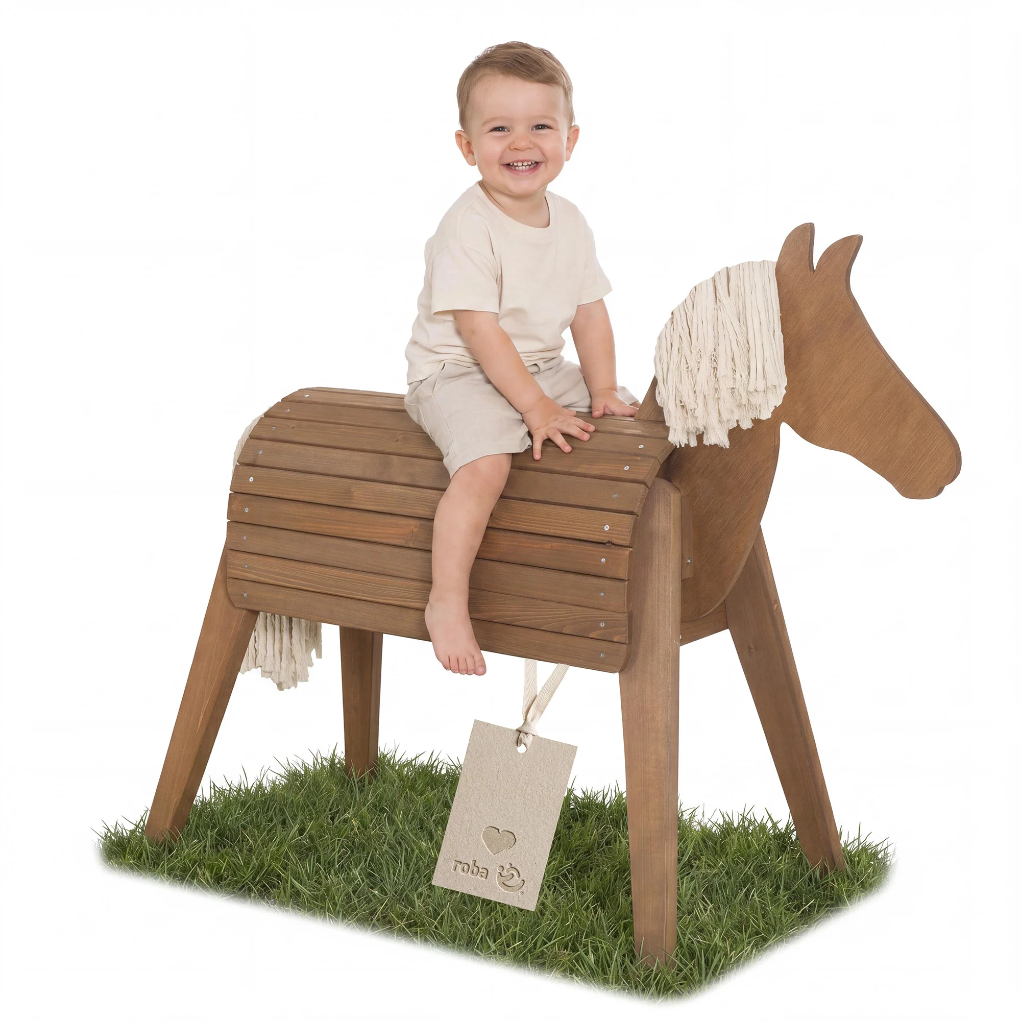 Voltigier- & Outdoor-Pferd mit Mähne & Schweif - Massivholz teakfarben