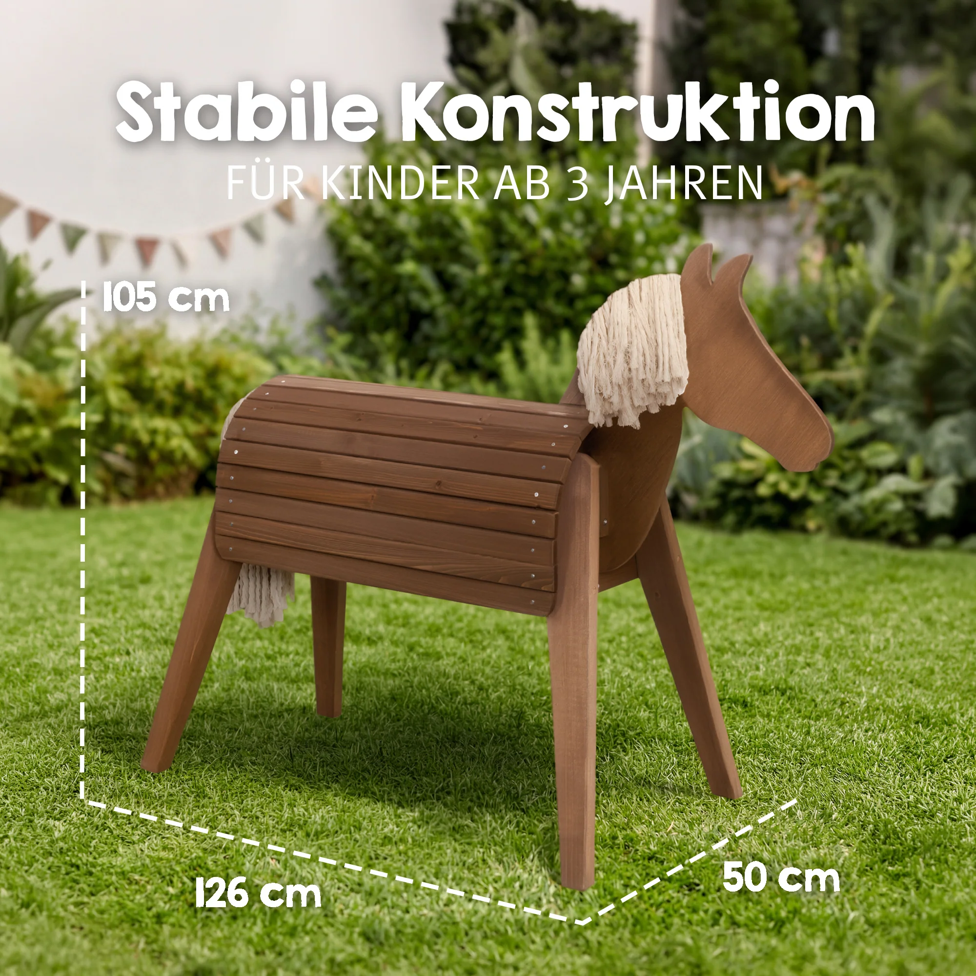 Voltigier- & Outdoor-Pferd mit Mähne & Schweif - Massivholz teakfarben - Image 3