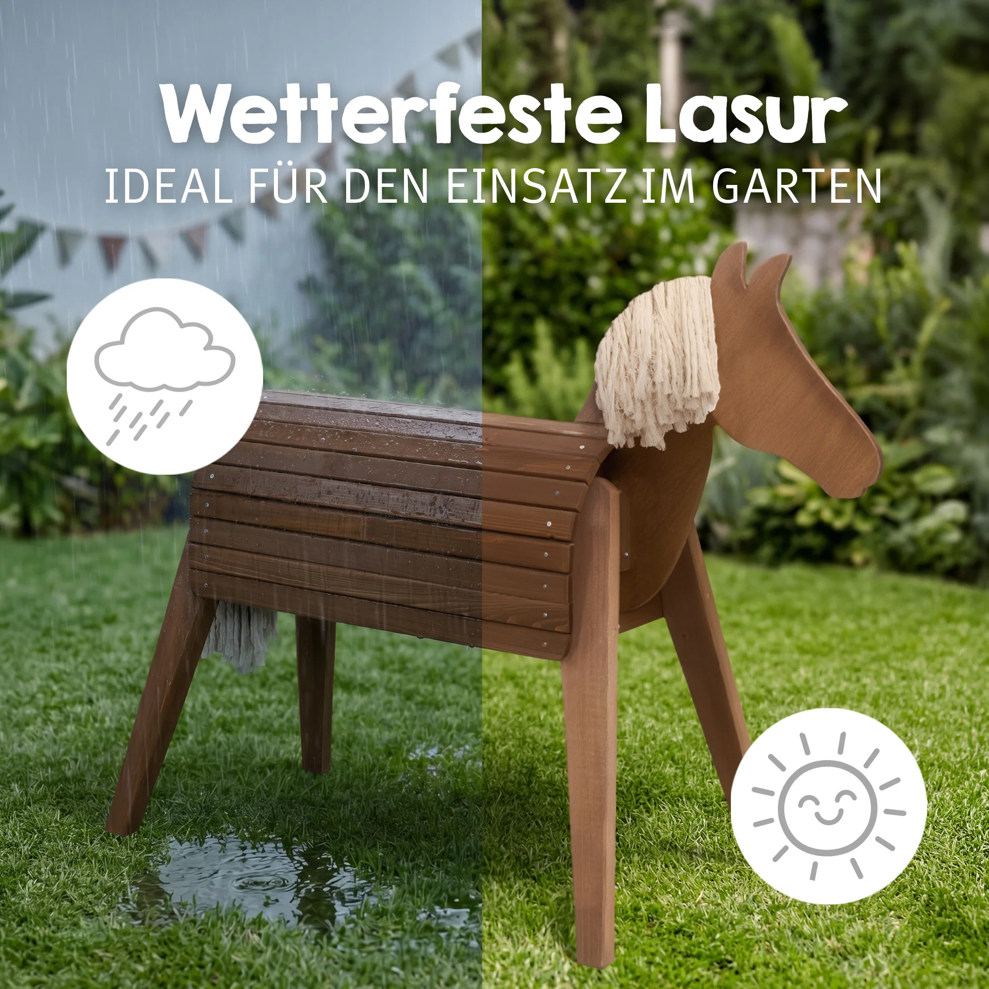 Voltigier- & Outdoor-Pferd mit Mähne & Schweif - Massivholz teakfarben - Image 5