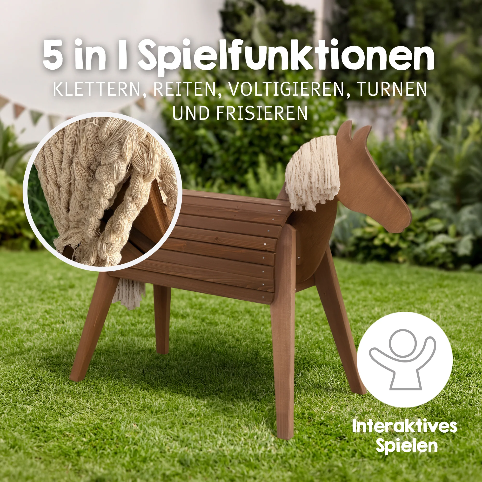 Voltigier- & Outdoor-Pferd mit Mähne & Schweif - Massivholz teakfarben - Image 6