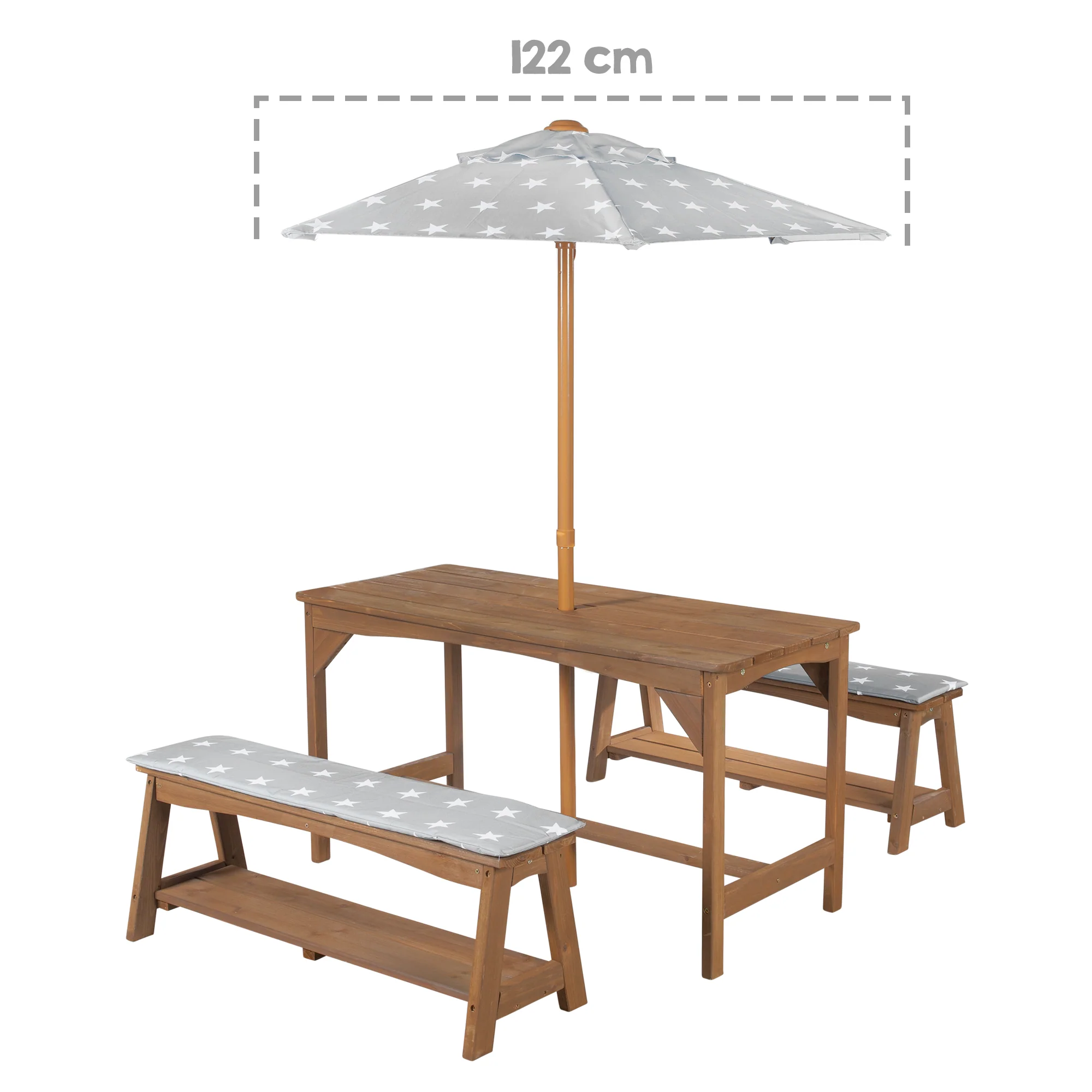 Sitzgruppe Outdoor+ 1 Tisch, 2 Bänke, Sonnenschirm & Sitzauflagen 'Little Stars' - Teak - Image 11