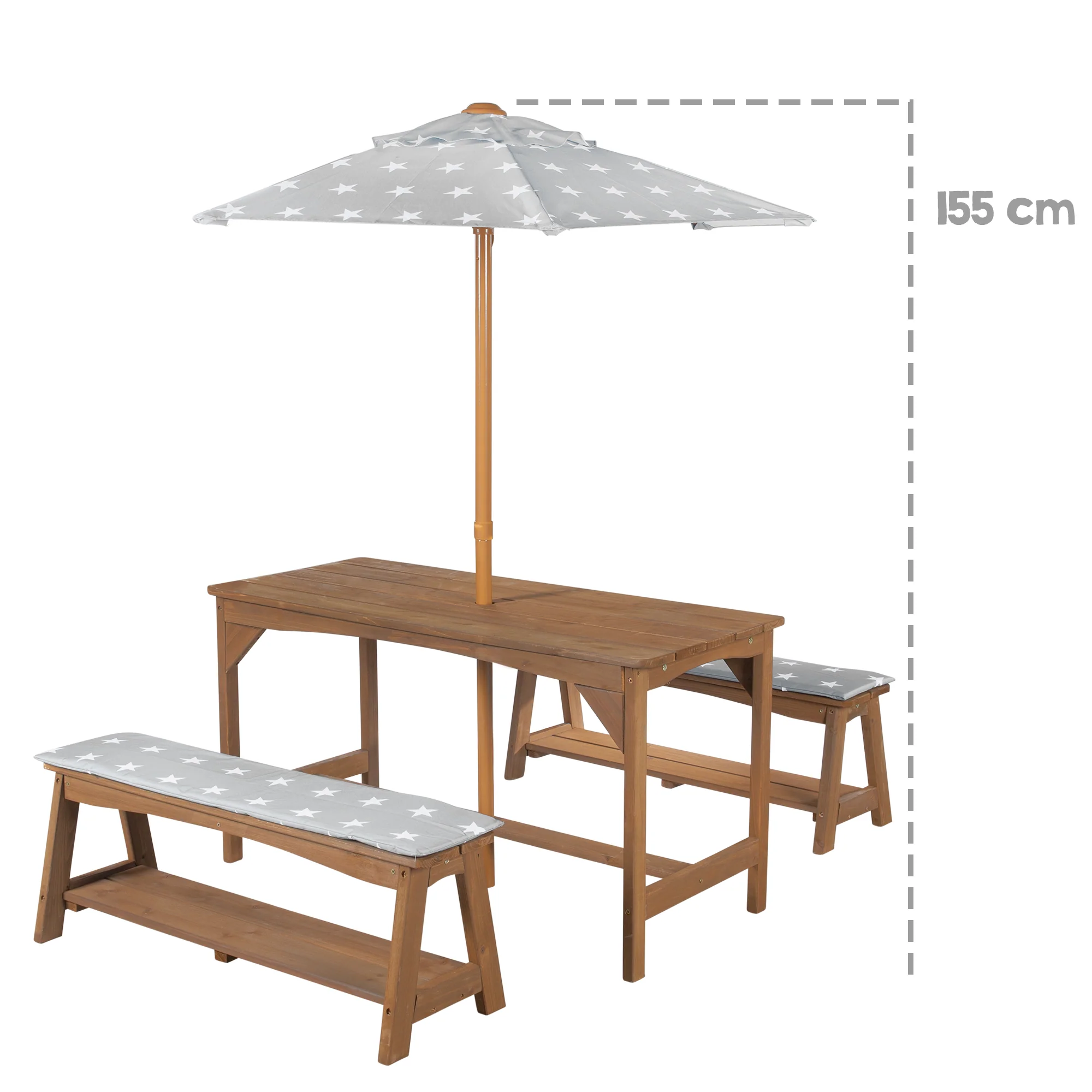 Sitzgruppe Outdoor+ 1 Tisch, 2 Bänke, Sonnenschirm & Sitzauflagen 'Little Stars' - Teak - Image 12