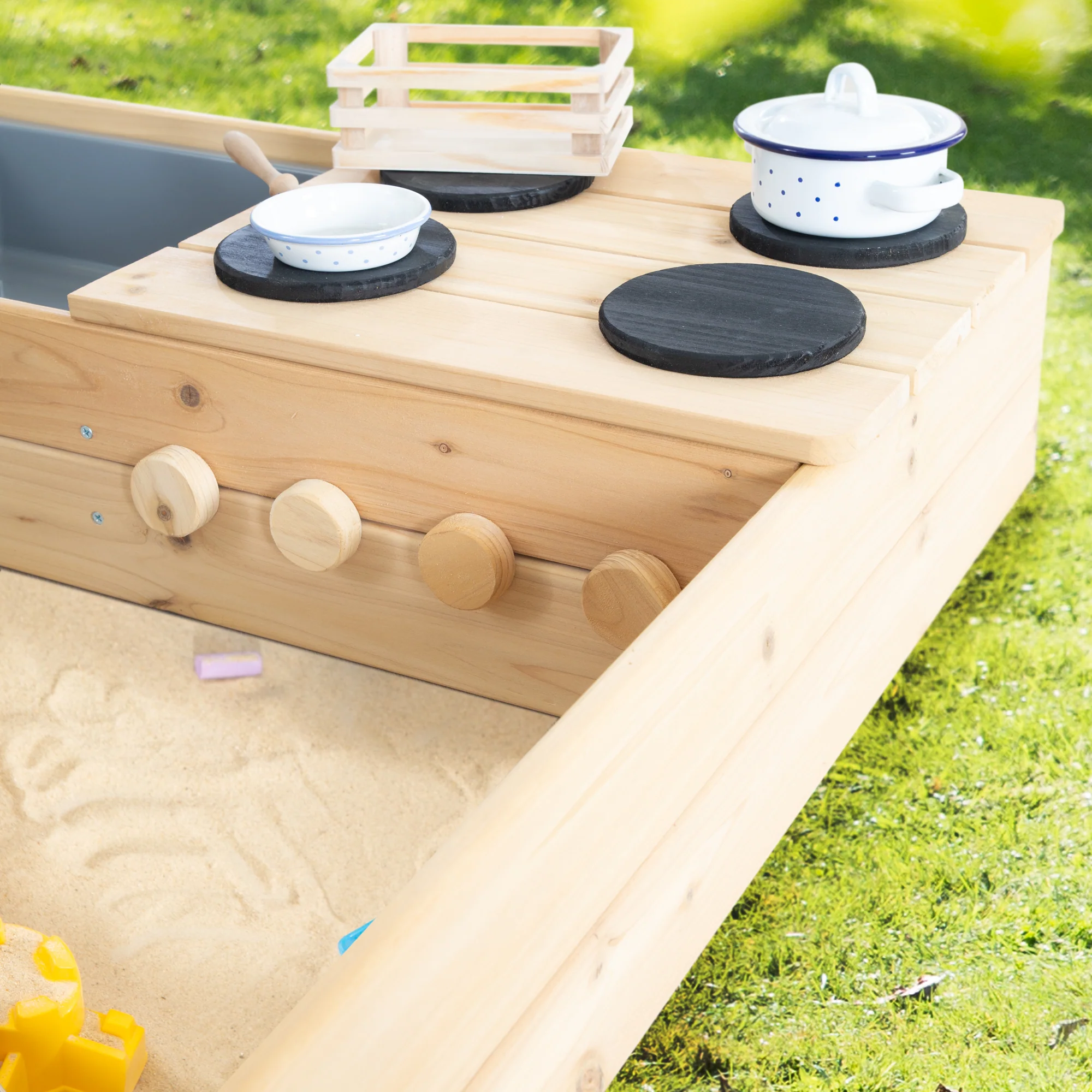 Sandkasten aus Holz - Design mit Straße, Kochplatte & Spielwanne - Natur / Schwarz - Image 2