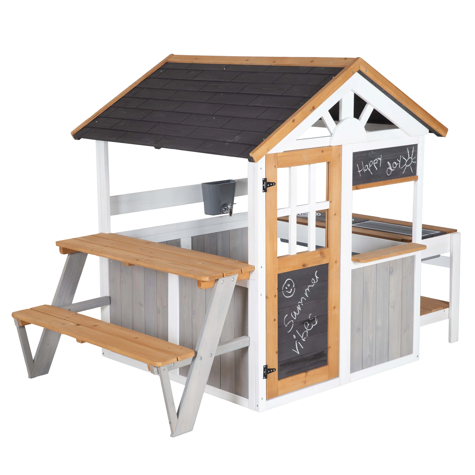Gartenspielhaus komplett inkl. Spielküche + Picknick-Tisch - Holz mehrfarbig lasiert