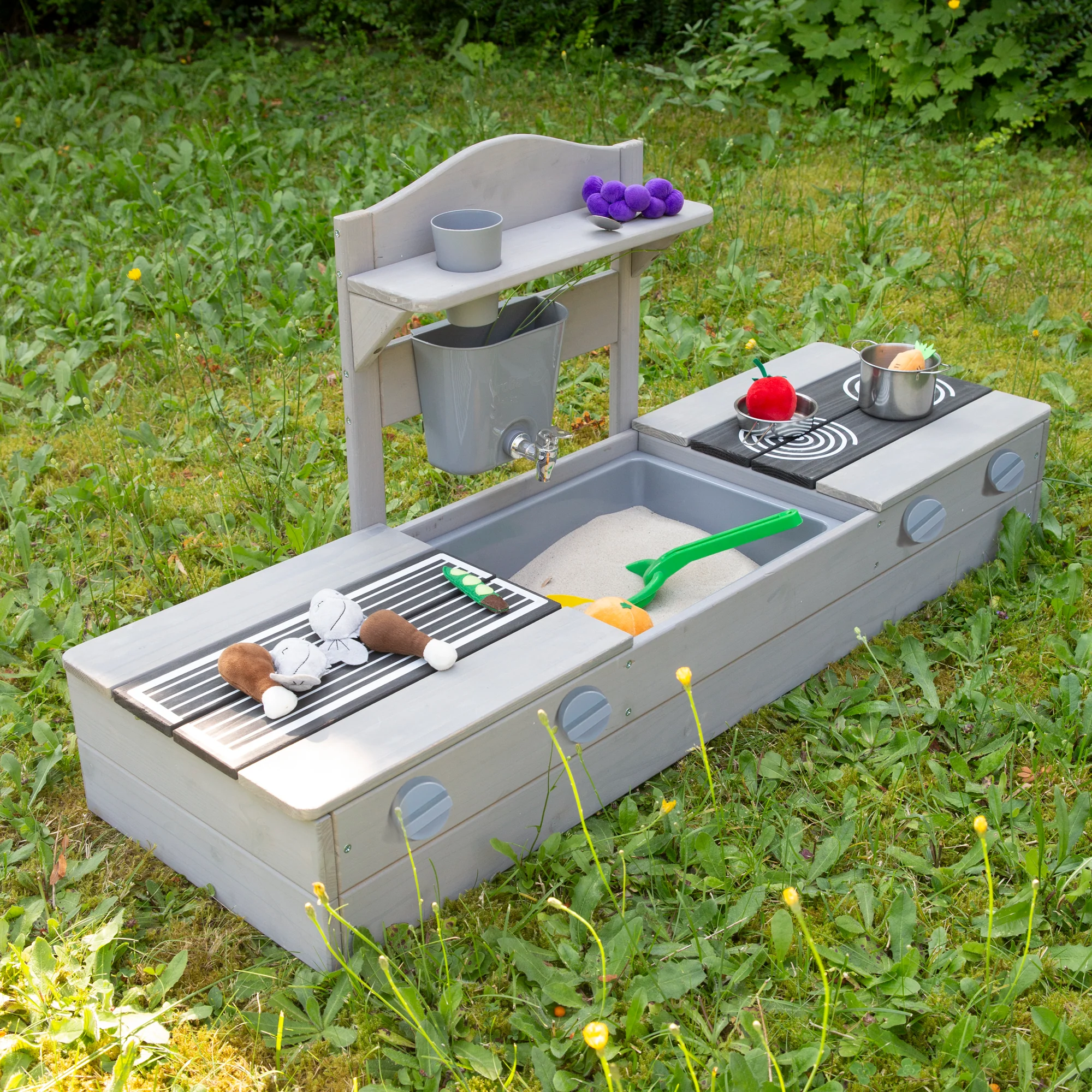 2in1 Balkonsandkasten & Matschküche - FSC®-zertifiziert - Grau lasiertes Massivholz - Image 2