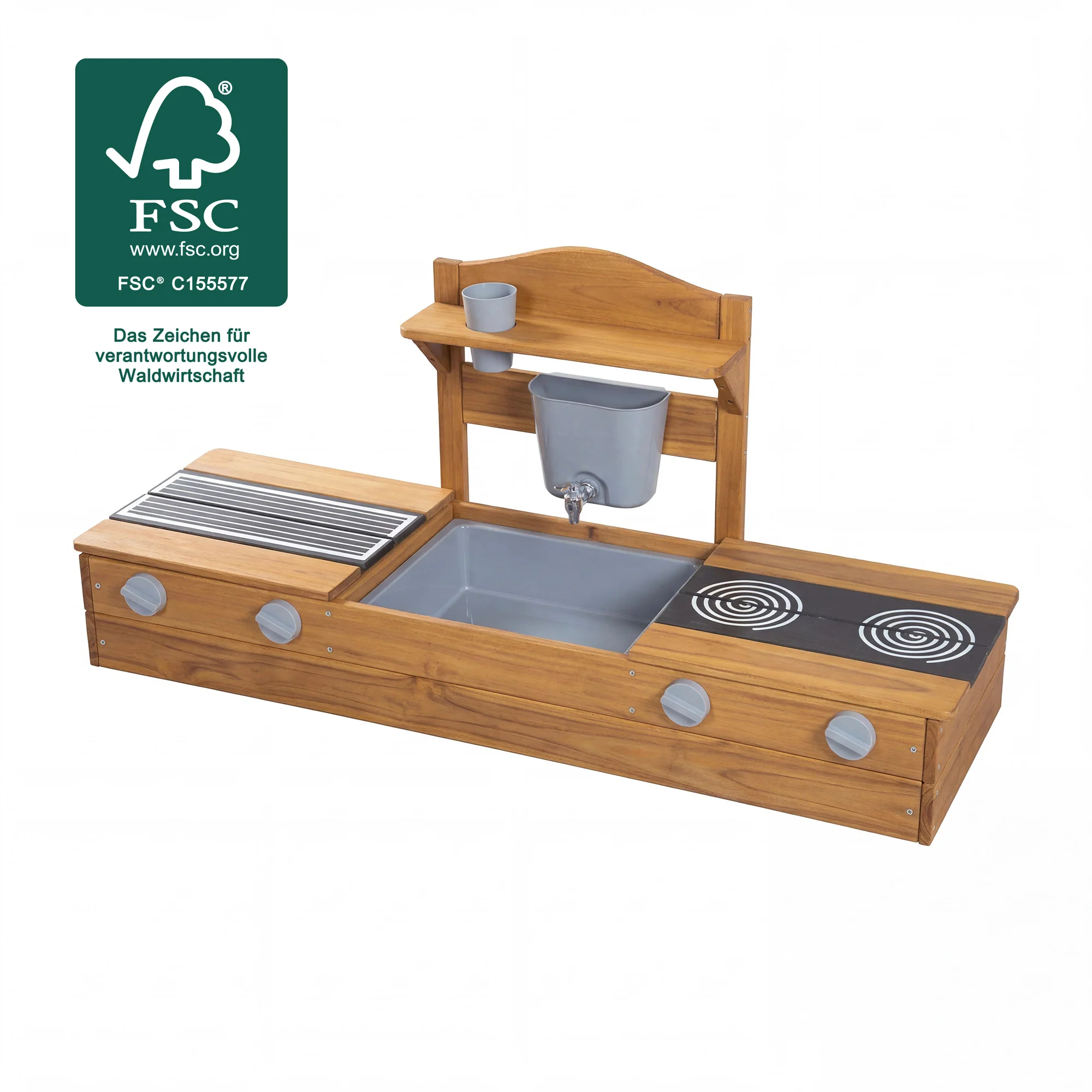 2in1 Balkonsandkasten & Matschküche - FSC®-zertifiziert - Teakfarben lasiertes Massivholz - Image 4