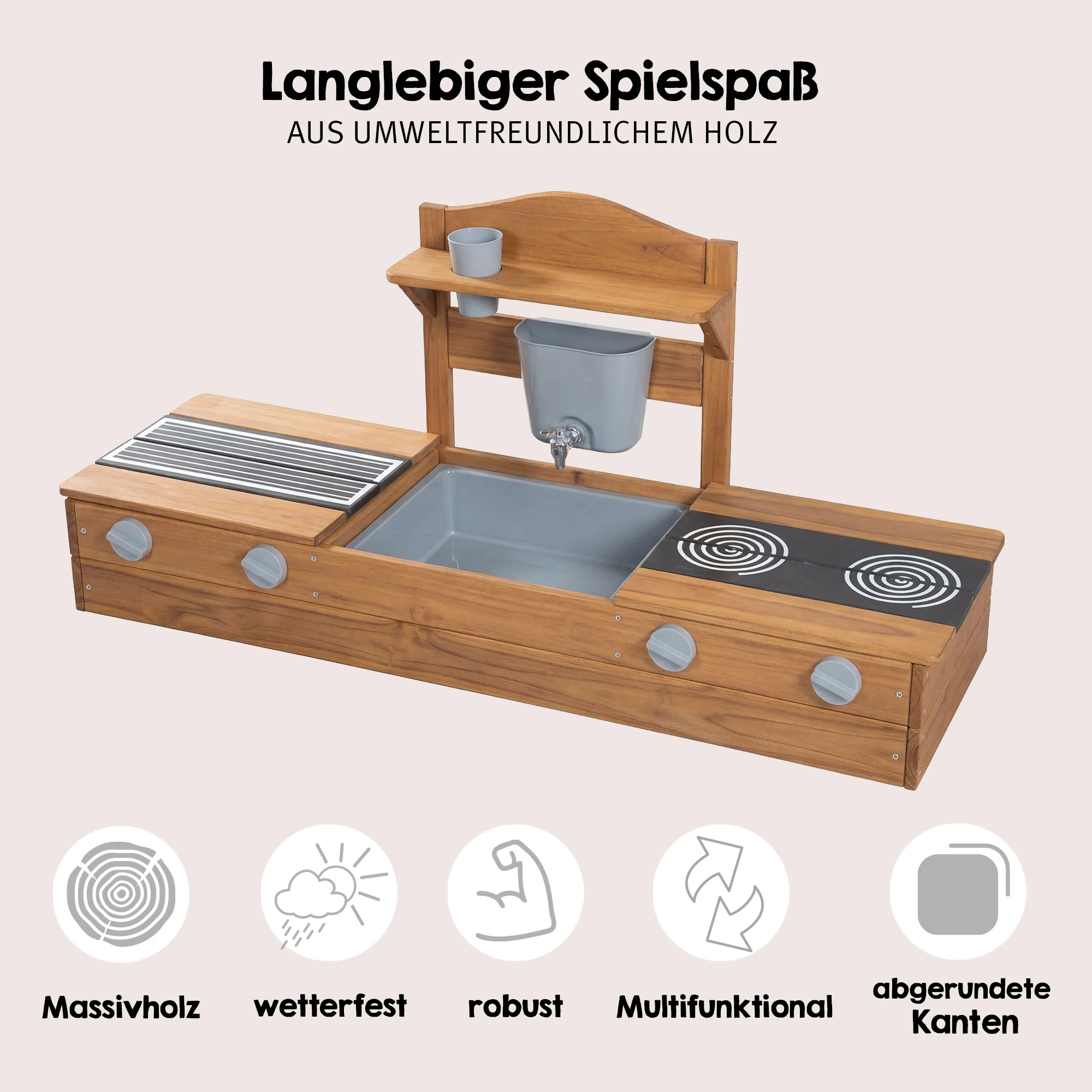 2in1 Balkonsandkasten & Matschküche - FSC®-zertifiziert - Teakfarben lasiertes Massivholz - Image 6