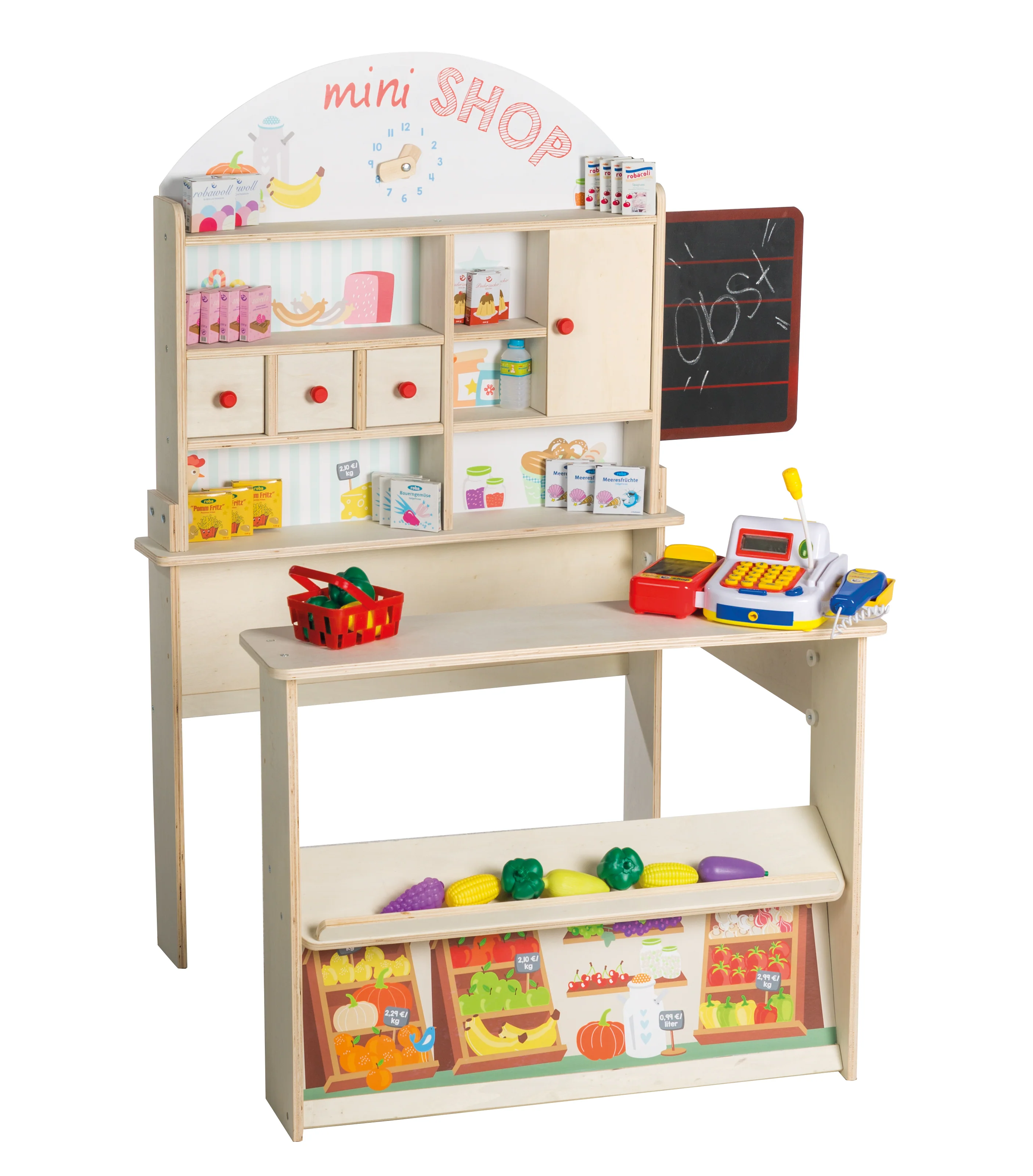 Kaufladen 'Minishop', Holz natur, mit Theke, Tafel, Schiebetür & Markststand-Druck - Image 3