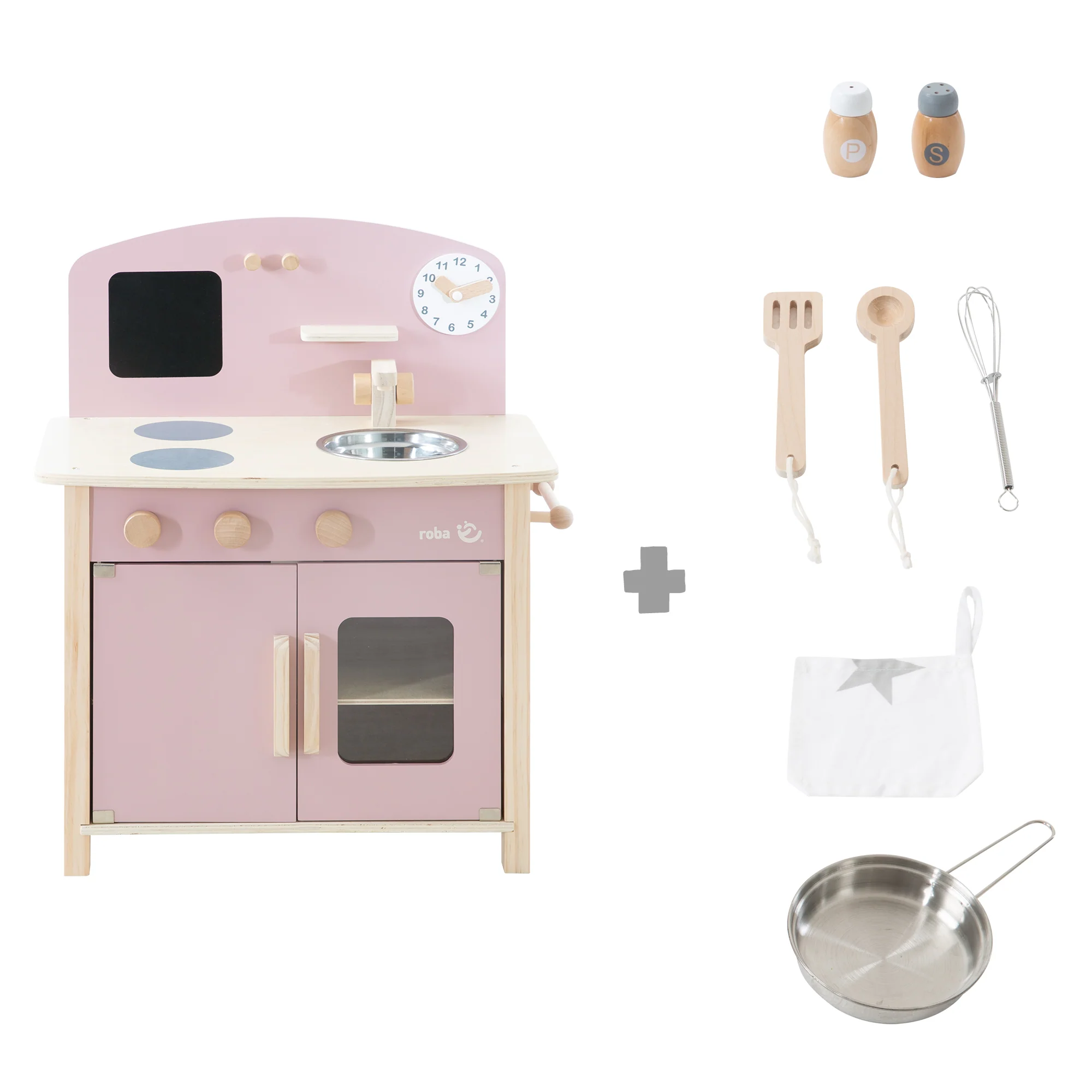 Spielküche weiß/natur/rosa mit 2 Kochstellen, Spüle, Wasserhahn & Zubehör - Image 3