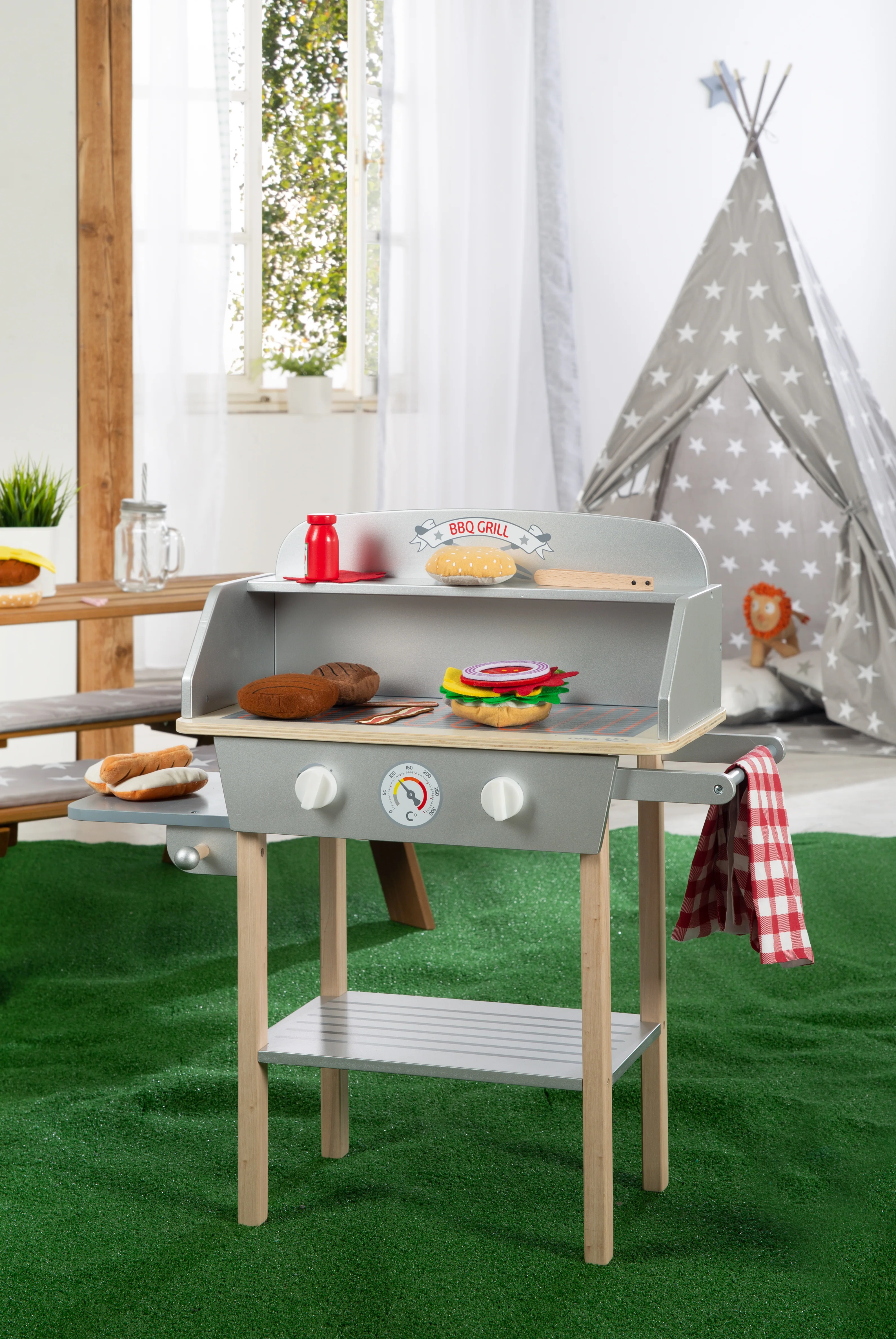 BBQ-Grill aus Holz, mit 14-teiligem Stoffzubehör, Spielzeug Barbecue Grill, ab 3 Jahren - Image 4