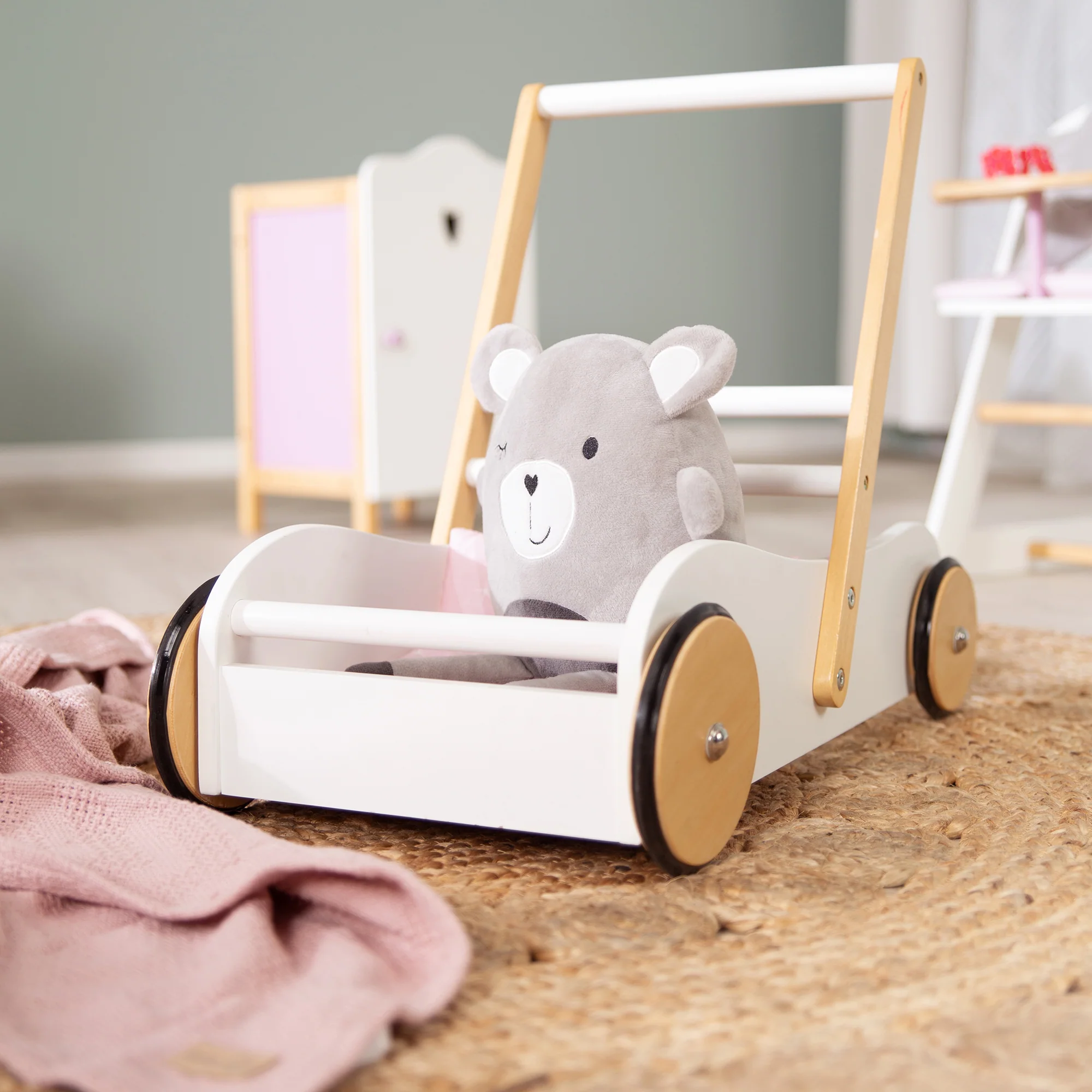 Lauflernwagen 'Scarlett' weiß lackiert, Puppenwagen mit rosa Textilien - Image 3