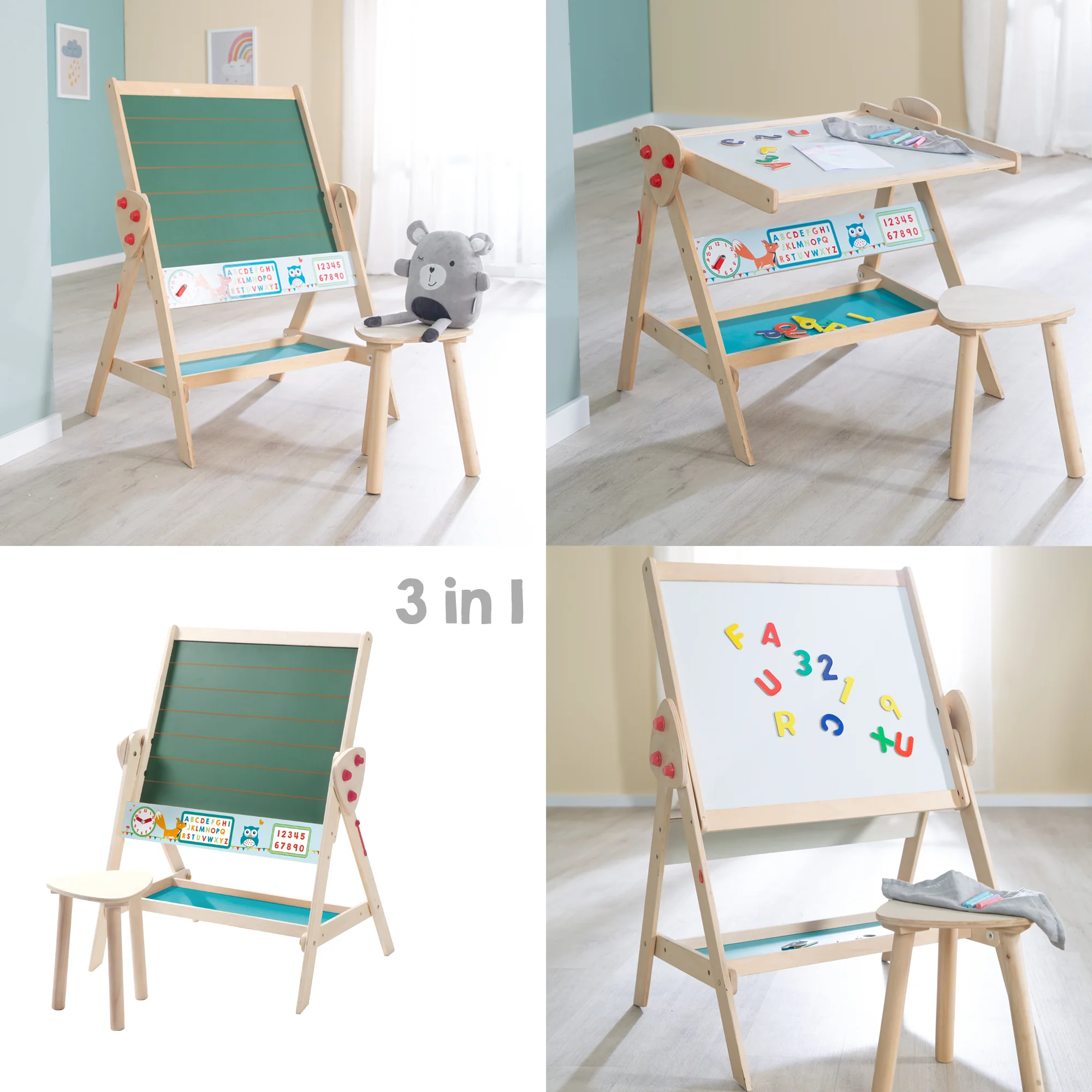 Tafel & Kinder-Sitz-Set 'Fuchs & Eule' wandelbar zu Tisch-Stuhl-Set, in Holz natur - Image 11