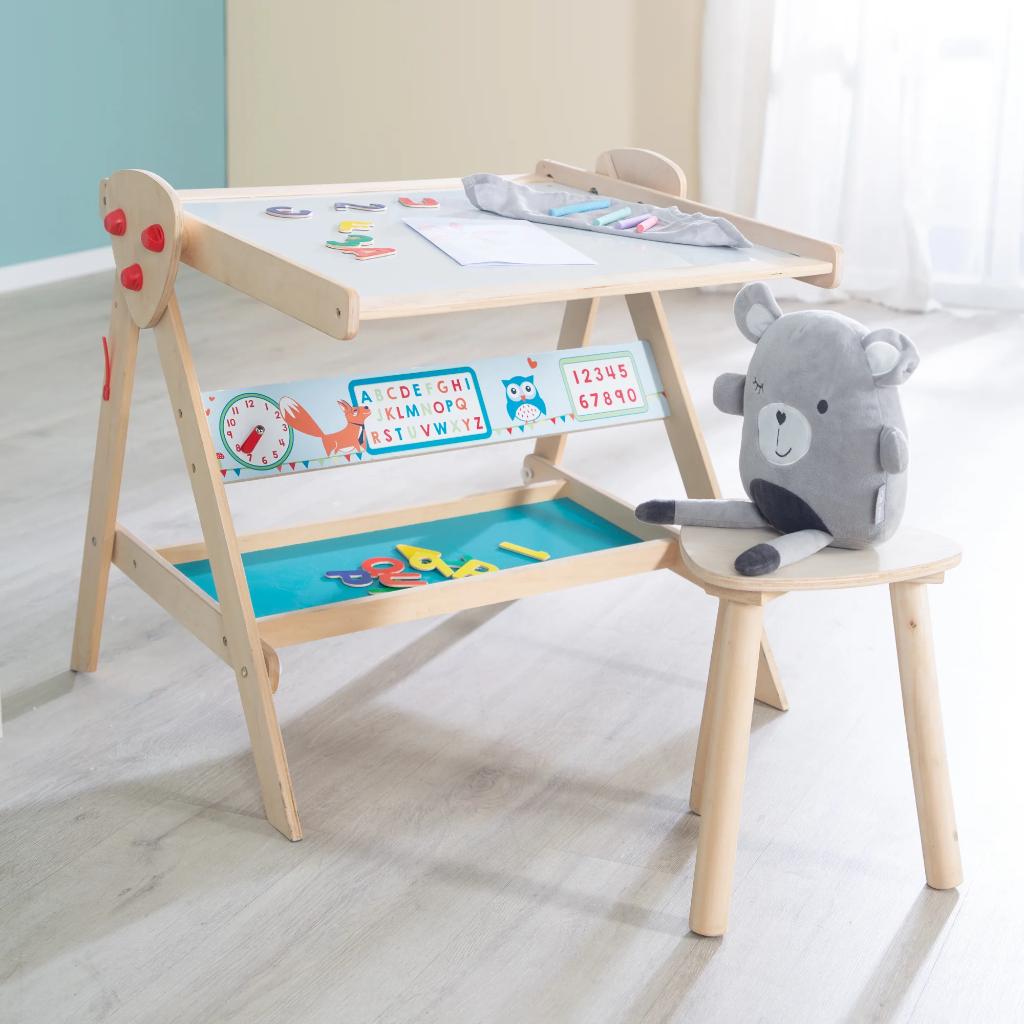 Tafel & Kinder-Sitz-Set 'Fuchs & Eule' wandelbar zu Tisch-Stuhl-Set, in Holz natur - Image 5