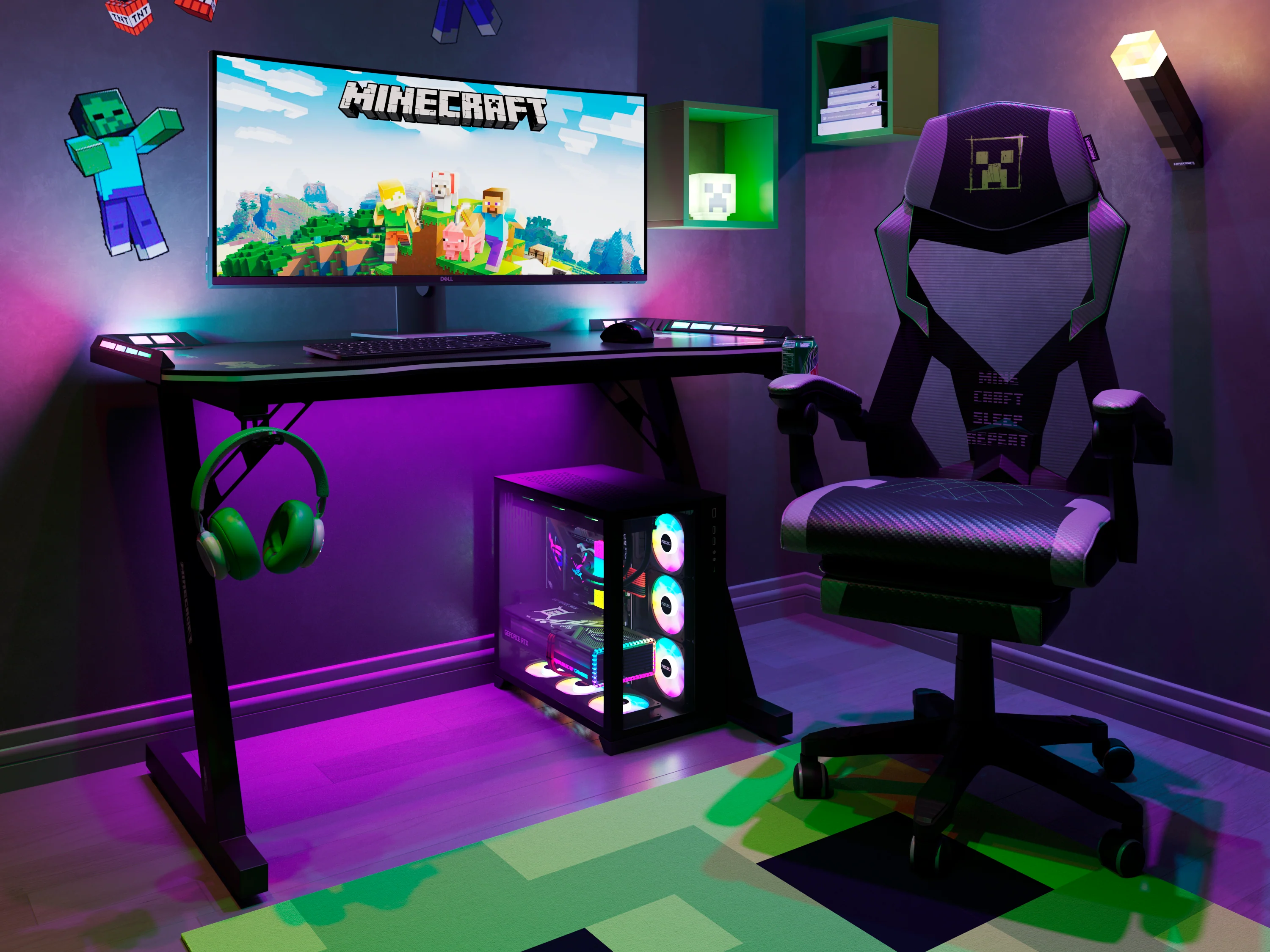 Gaming Tisch mit LED 'Minecraft' - Becher- und Headphonehalterung - Z-Fuß aus Metall - Image 4