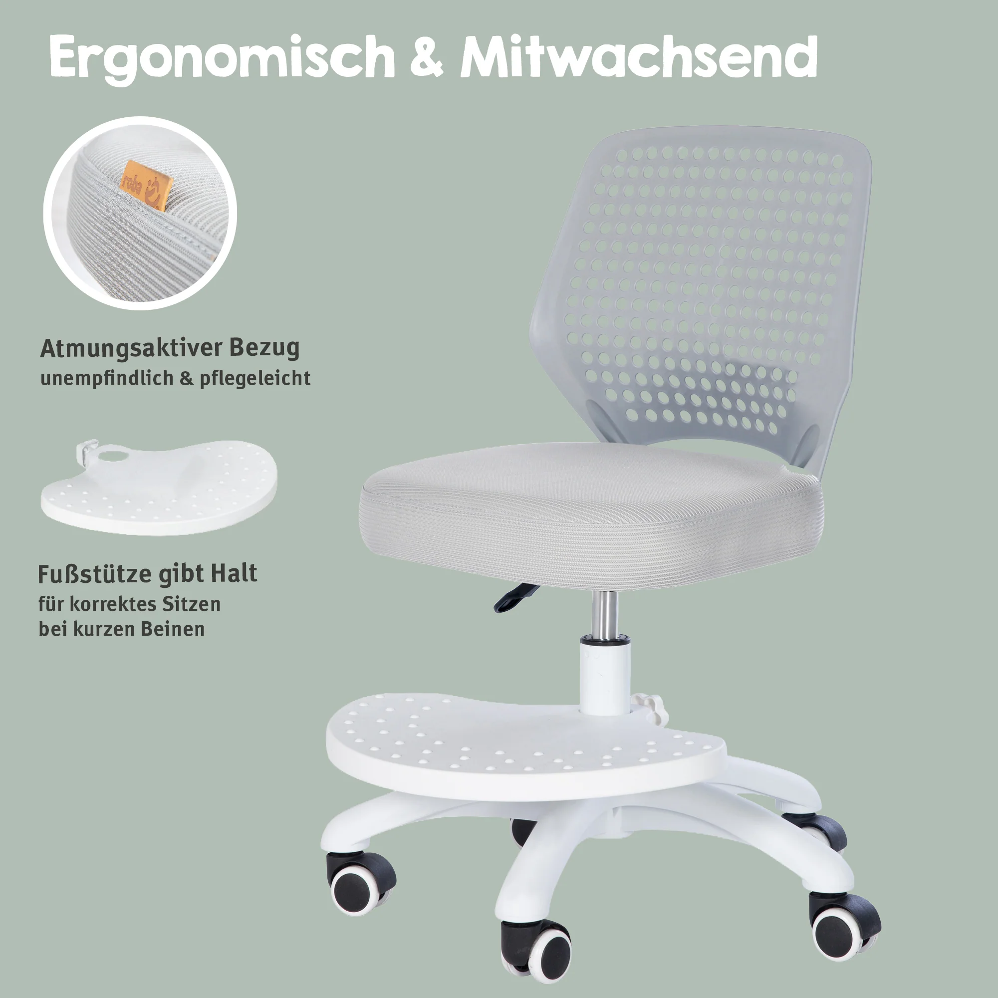 Kinderbürostuhl Smart Grow Basic - Ergonomischer Drehstuhl - Höhenverstellbar - Weiß / Grau - Image 10