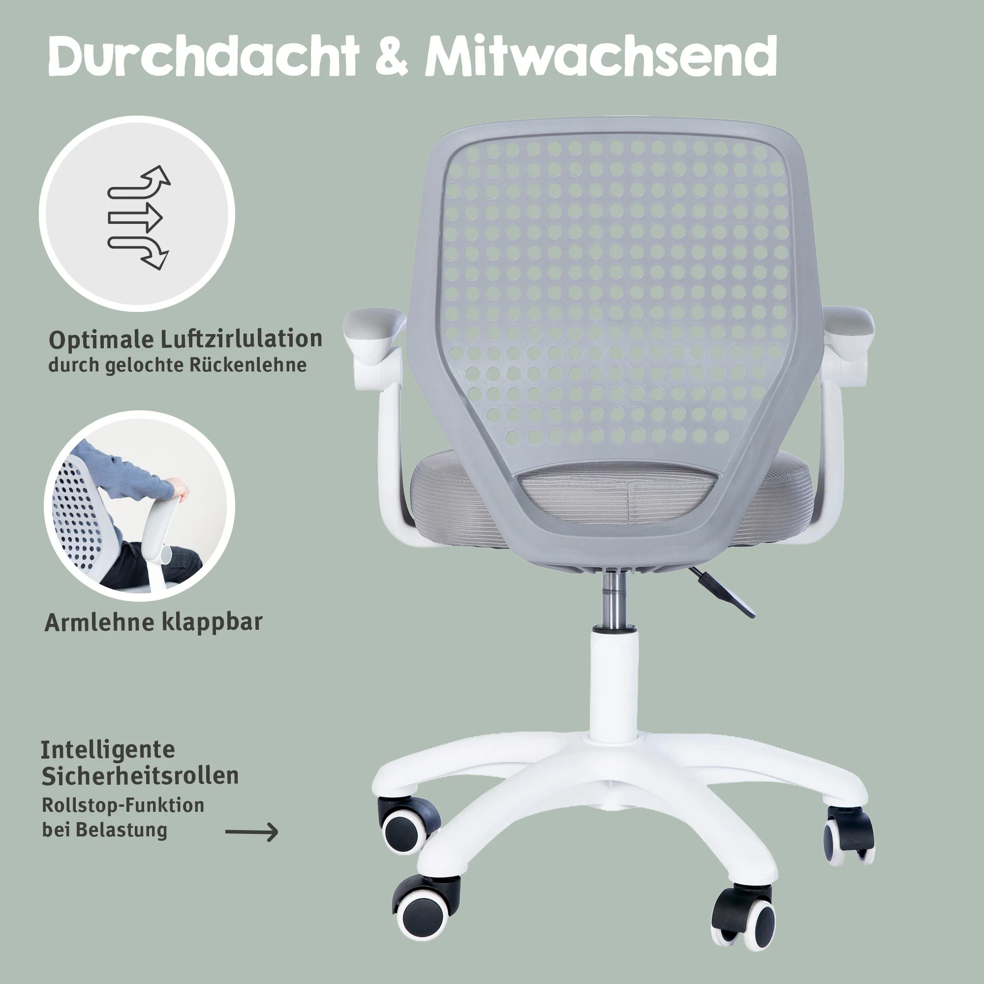Kinderbürostuhl Smart Grow Basic - Ergonomischer Drehstuhl - Höhenverstellbar - Weiß / Grau - Image 16