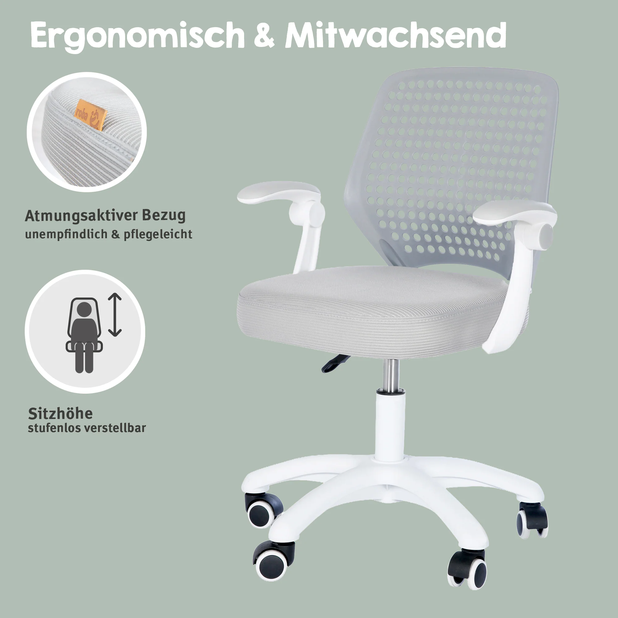 Kinderbürostuhl Smart Grow Basic - Ergonomischer Drehstuhl - Höhenverstellbar - Weiß / Grau - Image 17