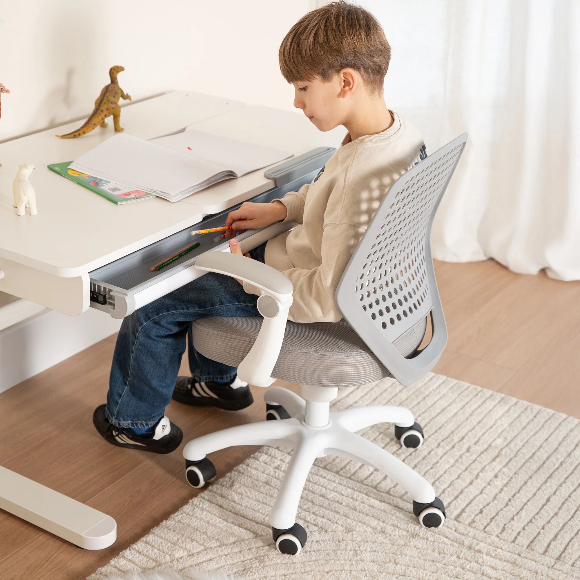Kinderbürostuhl Smart Grow Basic - Ergonomischer Drehstuhl - Höhenverstellbar - Weiß / Grau - Image 18