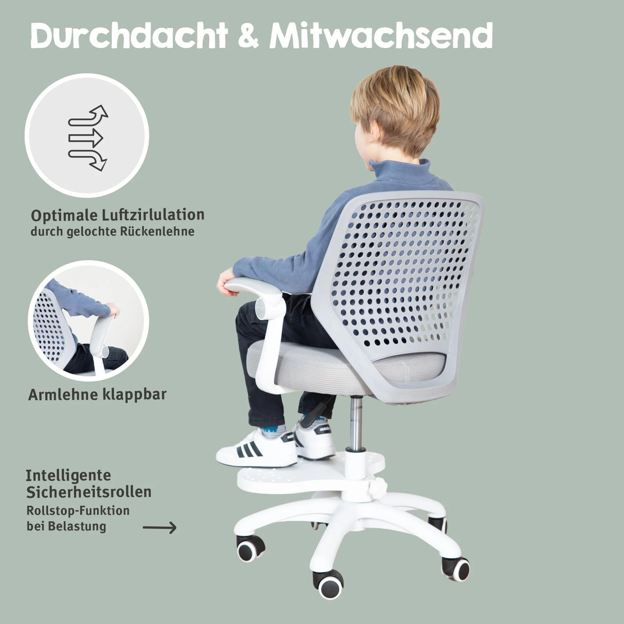 Kinderbürostuhl Smart Grow Basic - Ergonomischer Drehstuhl - Höhenverstellbar - Weiß / Grau - Image 24