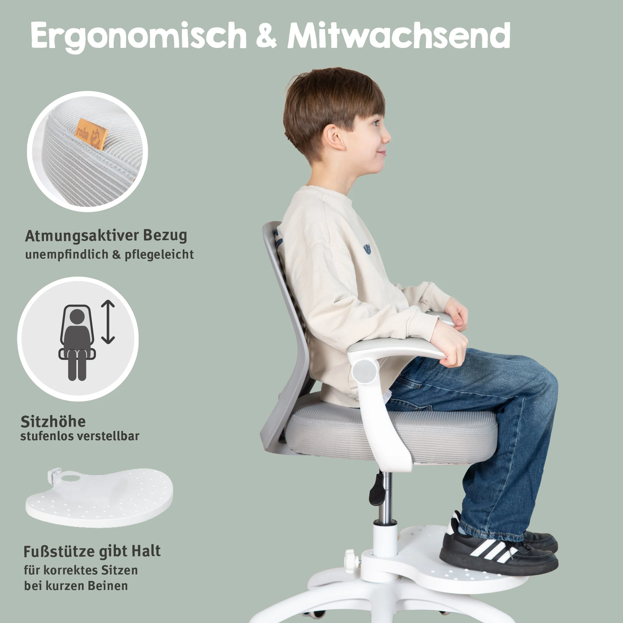 Kinderbürostuhl Smart Grow Basic - Ergonomischer Drehstuhl - Höhenverstellbar - Weiß / Grau - Image 25