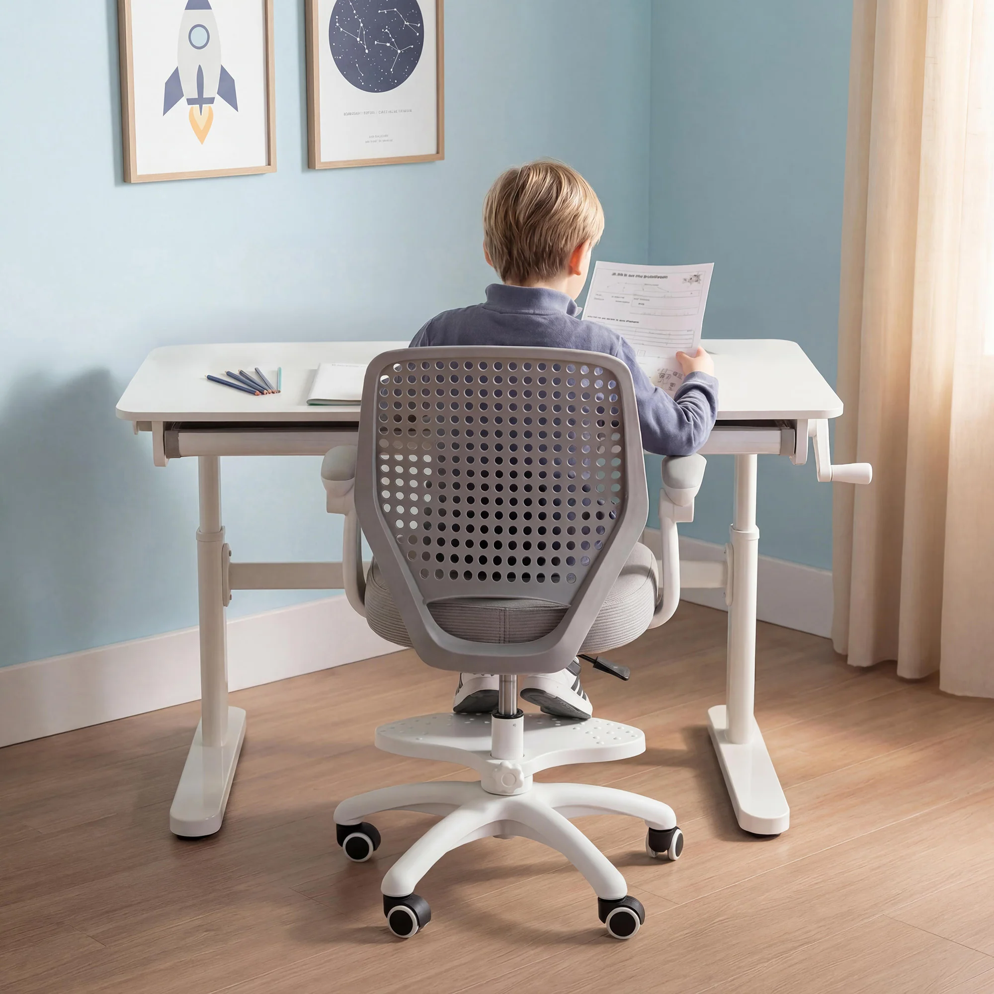 Kinderbürostuhl Smart Grow Basic - Ergonomischer Drehstuhl - Höhenverstellbar - Weiß / Grau - Image 28