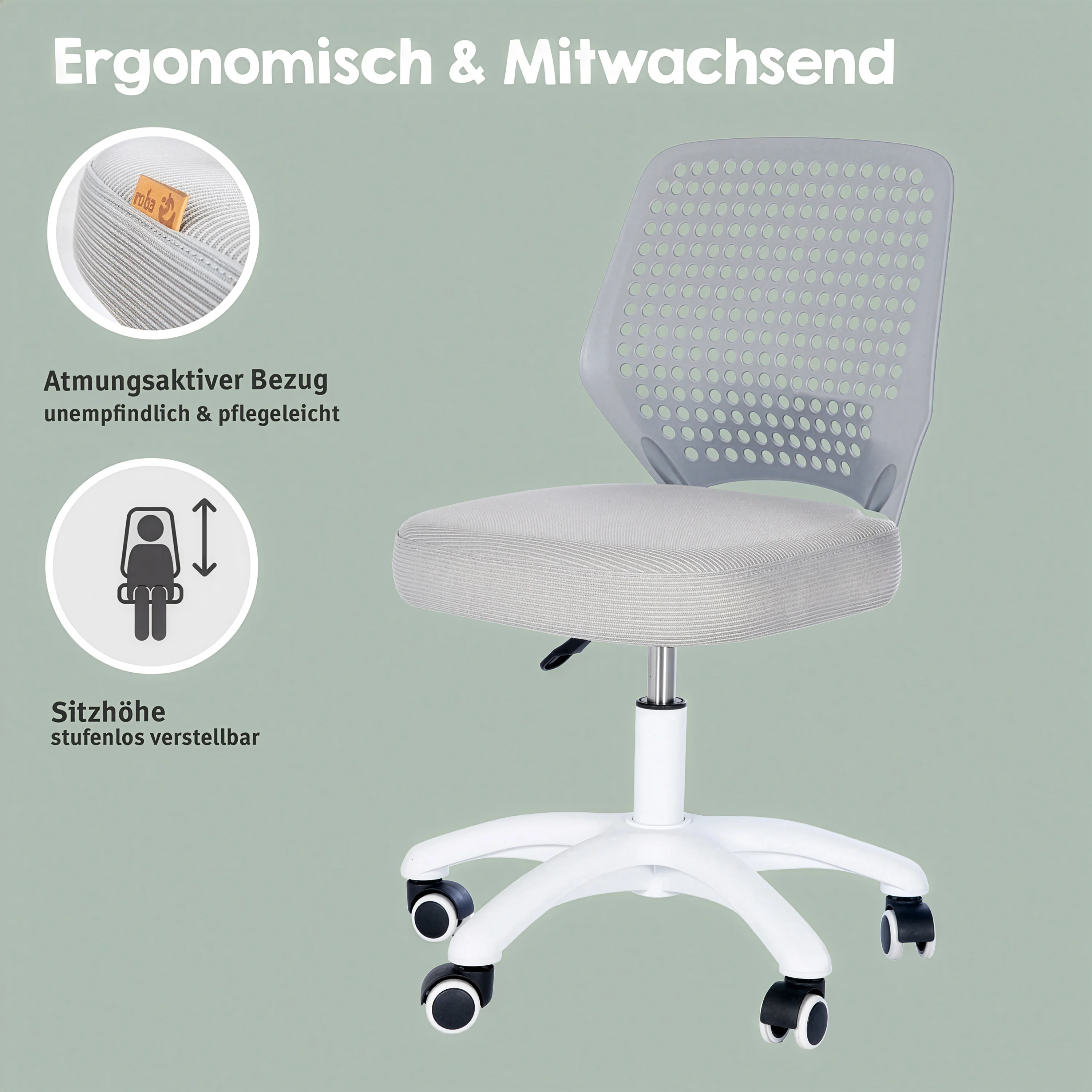 Kinderbürostuhl Smart Grow Basic - Ergonomischer Drehstuhl - Höhenverstellbar - Weiß / Grau - Image 5