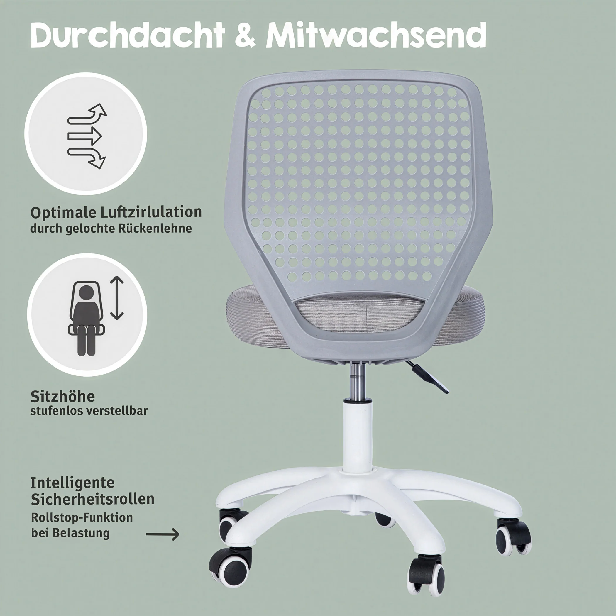 Kinderbürostuhl Smart Grow Basic - Ergonomischer Drehstuhl - Höhenverstellbar - Weiß / Grau - Image 6
