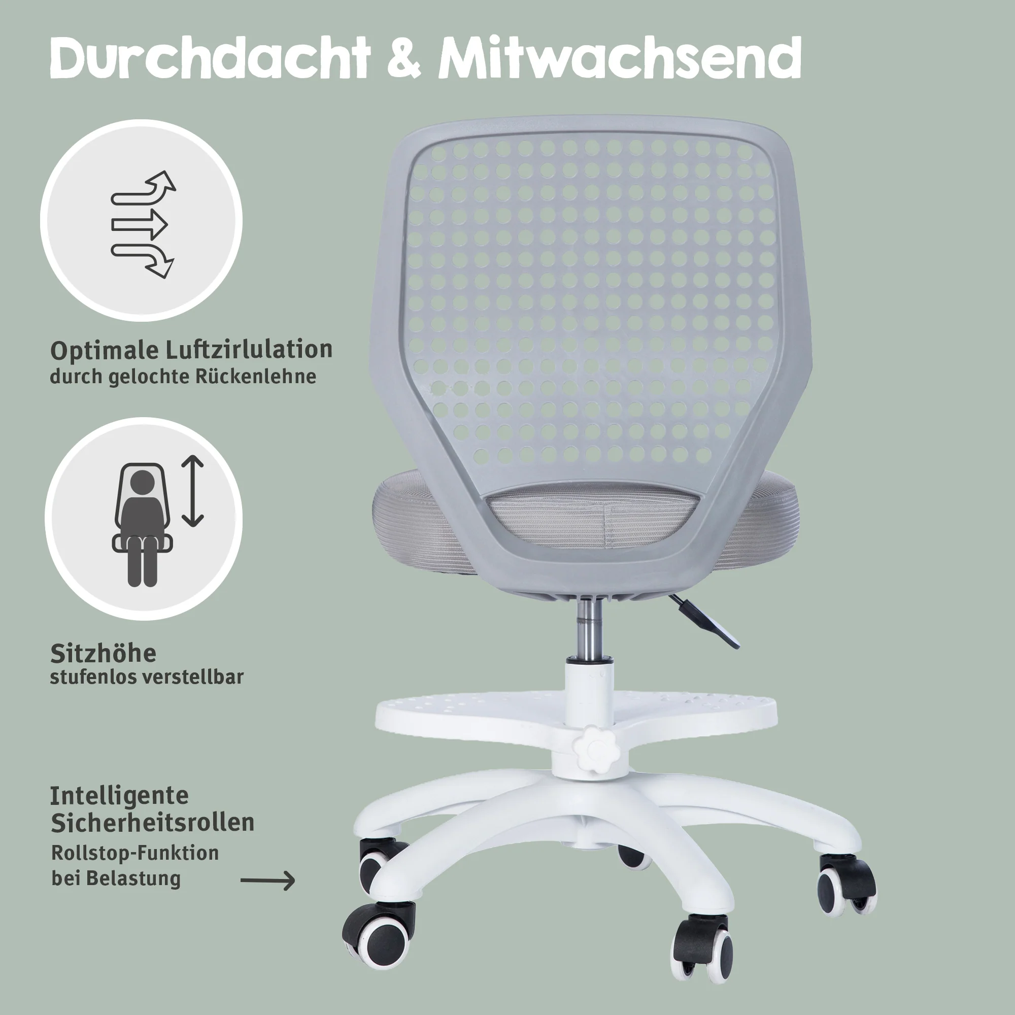 Kinderbürostuhl Smart Grow Basic - Ergonomischer Drehstuhl - Höhenverstellbar - Weiß / Grau - Image 9