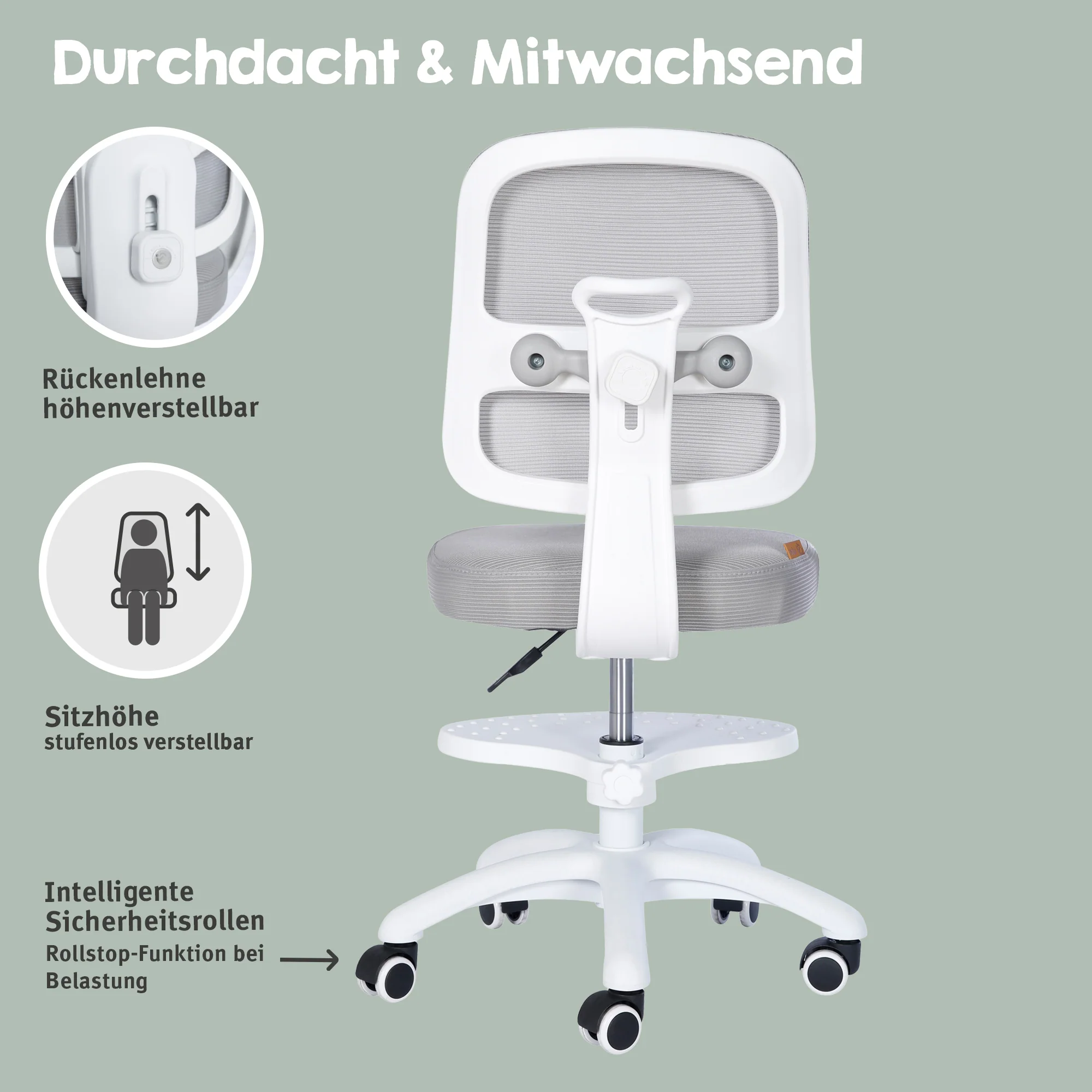 Kinderbürostuhl Smart Grow 2D- Ergonomischer Drehstuhl - Höhenverstellbar - Weiß / Grau - Image 10