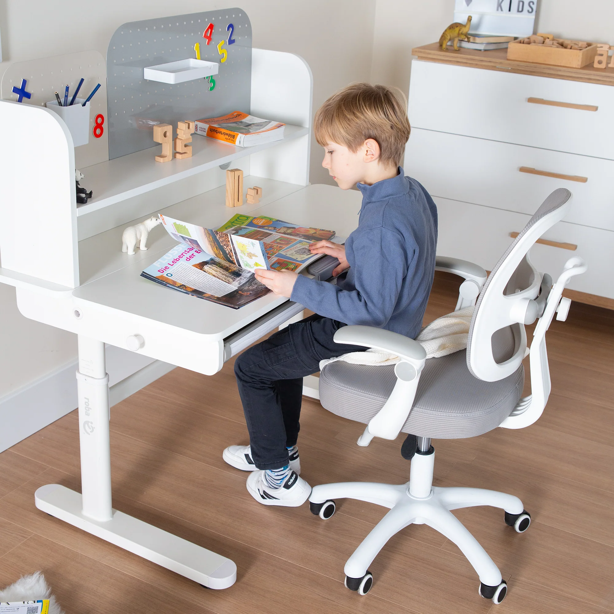 Kinderbürostuhl Smart Grow 2D- Ergonomischer Drehstuhl - Höhenverstellbar - Weiß / Grau - Image 19