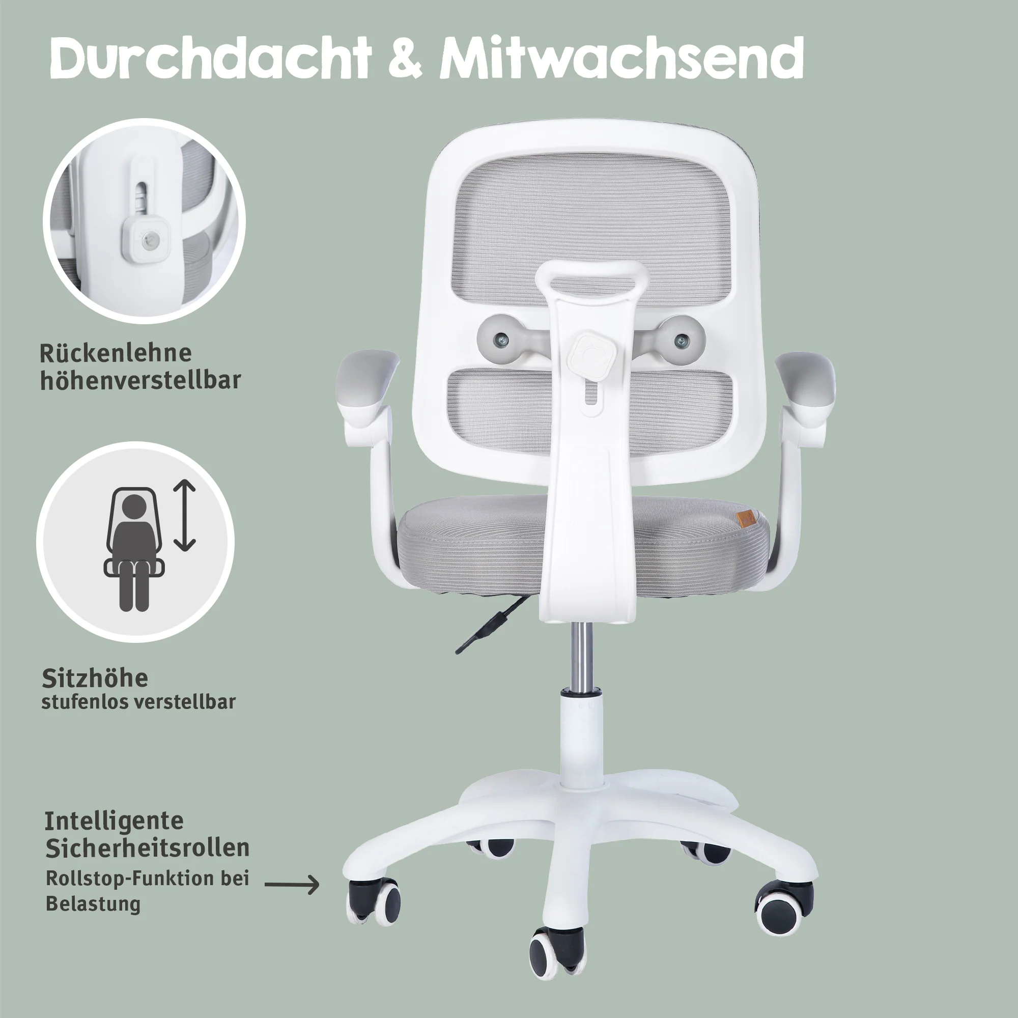 Kinderbürostuhl Smart Grow 2D- Ergonomischer Drehstuhl - Höhenverstellbar - Weiß / Grau - Image 20