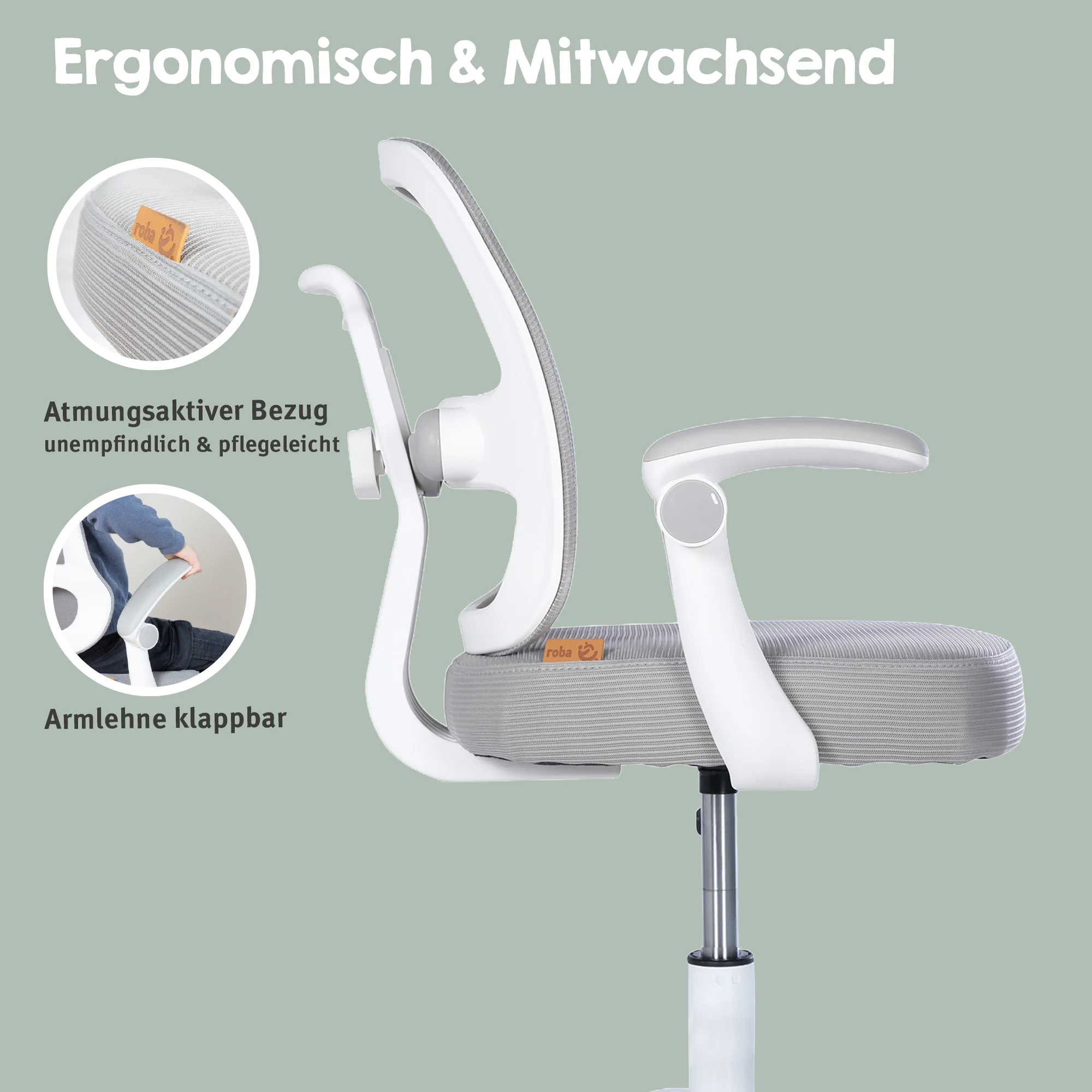 Kinderbürostuhl Smart Grow 2D- Ergonomischer Drehstuhl - Höhenverstellbar - Weiß / Grau - Image 21