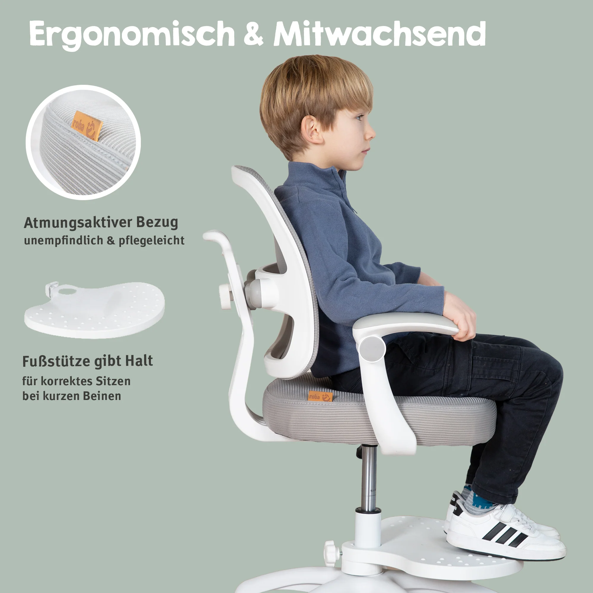 Kinderbürostuhl Smart Grow 2D- Ergonomischer Drehstuhl - Höhenverstellbar - Weiß / Grau - Image 29