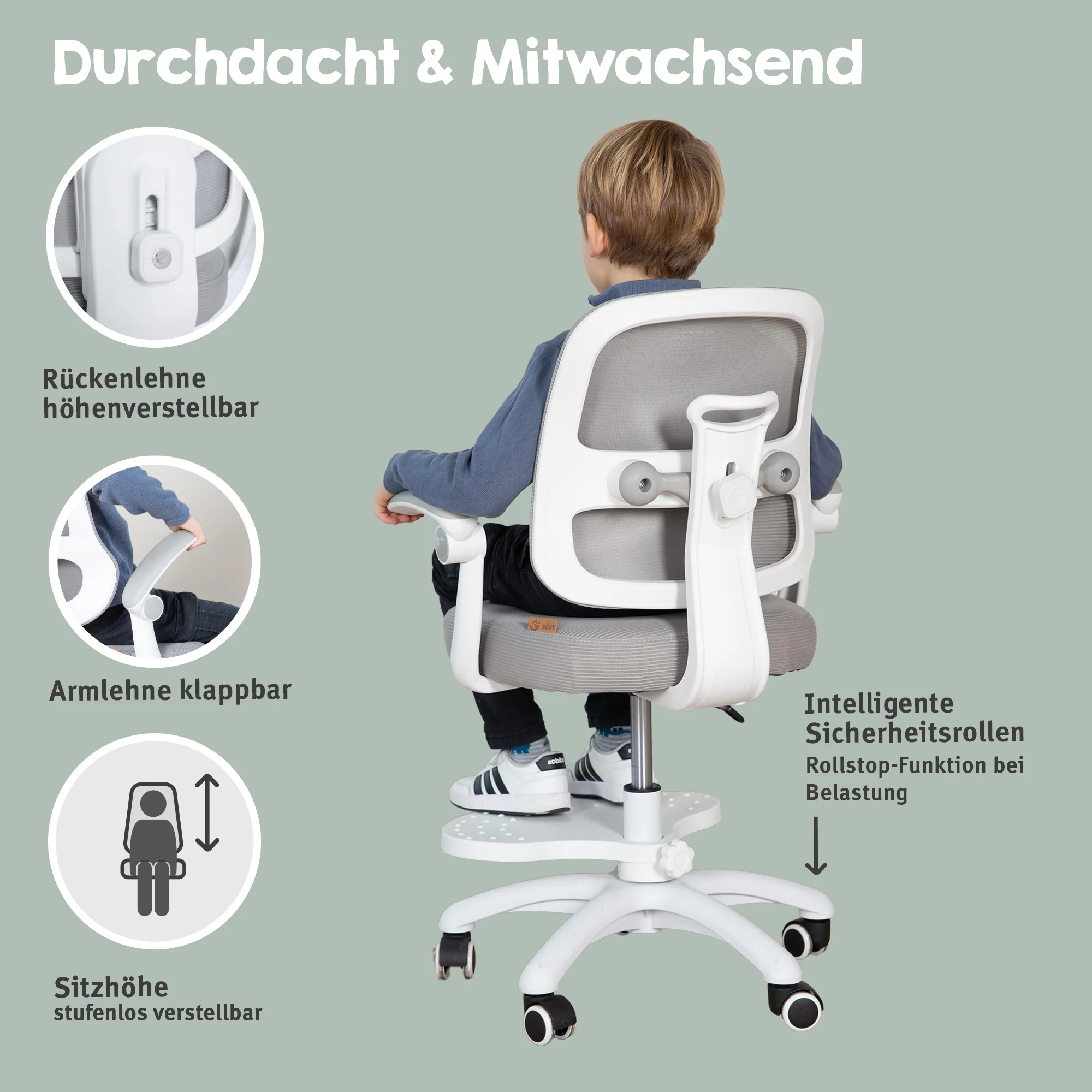 Kinderbürostuhl Smart Grow 2D- Ergonomischer Drehstuhl - Höhenverstellbar - Weiß / Grau - Image 30