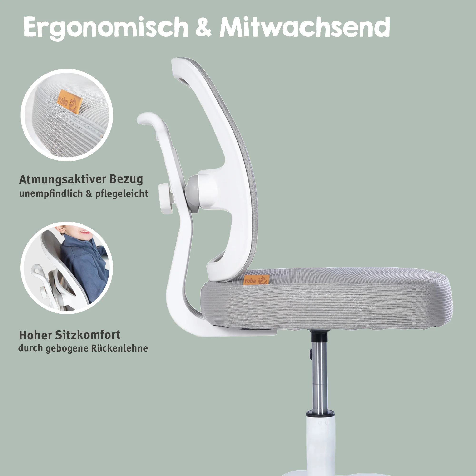Kinderbürostuhl Smart Grow 2D- Ergonomischer Drehstuhl - Höhenverstellbar - Weiß / Grau - Image 4
