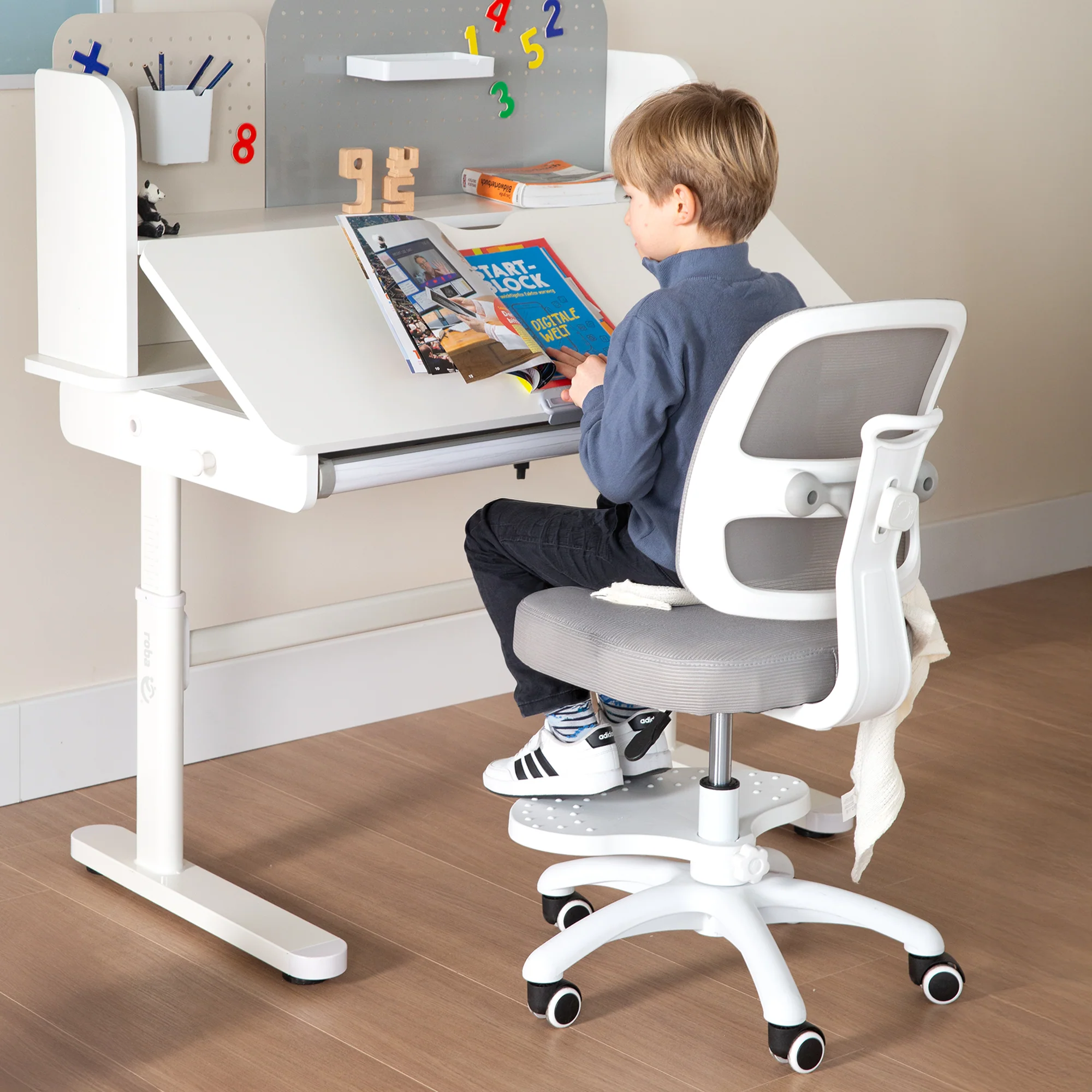 Kinderbürostuhl Smart Grow 2D- Ergonomischer Drehstuhl - Höhenverstellbar - Weiß / Grau - Image 9