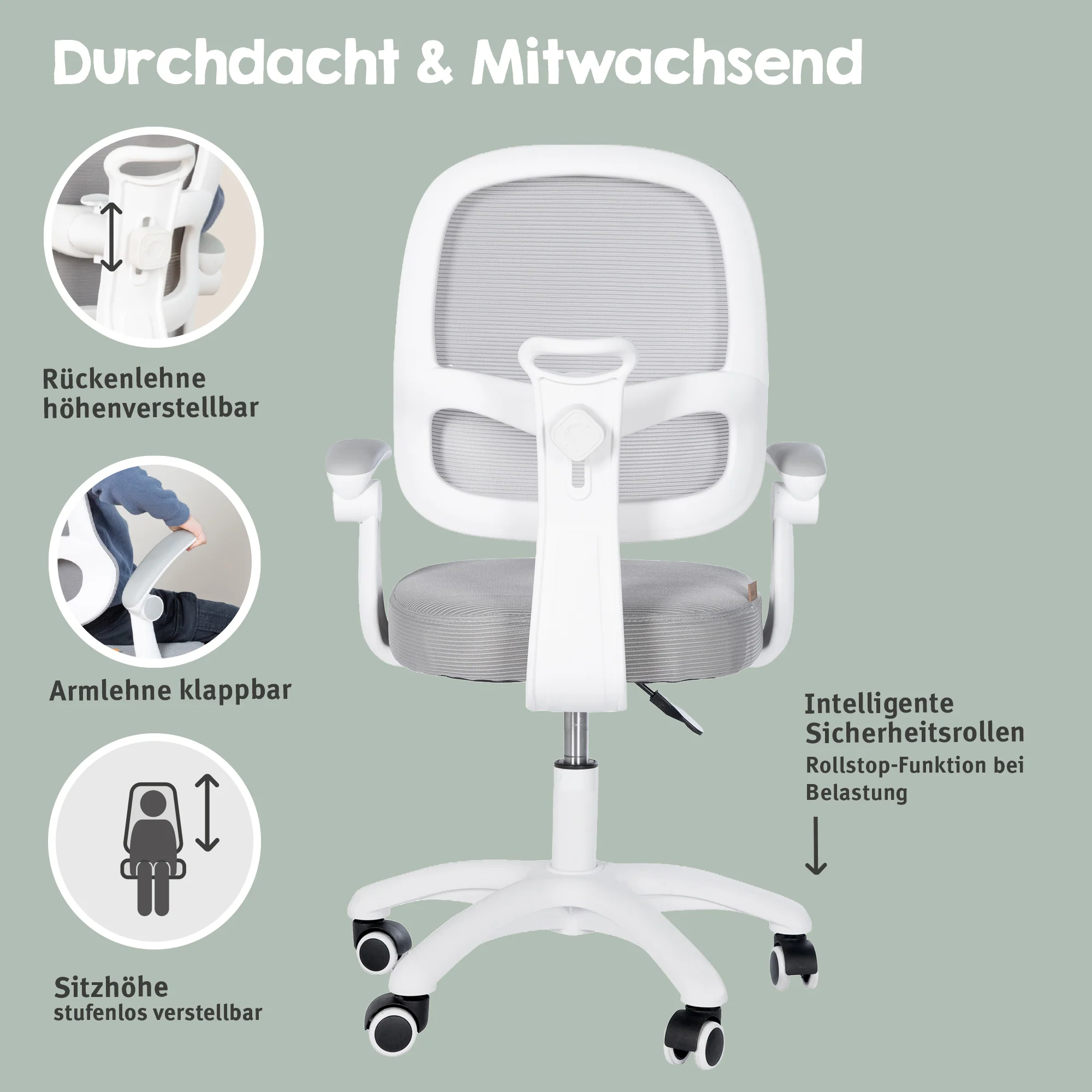 Kinderbürostuhl Smart Grow 3D - Ergonomischer Drehstuhl - Höhenverstellbar - Weiß / Grau - Image 21