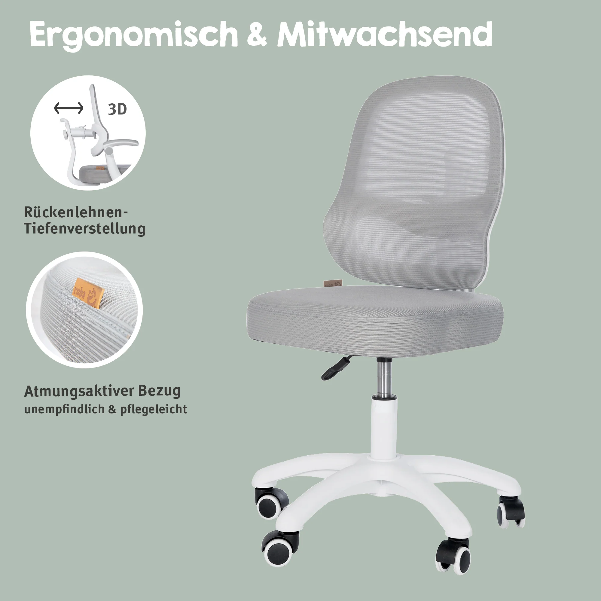 Kinderbürostuhl Smart Grow 3D - Ergonomischer Drehstuhl - Höhenverstellbar - Weiß / Grau - Image 3