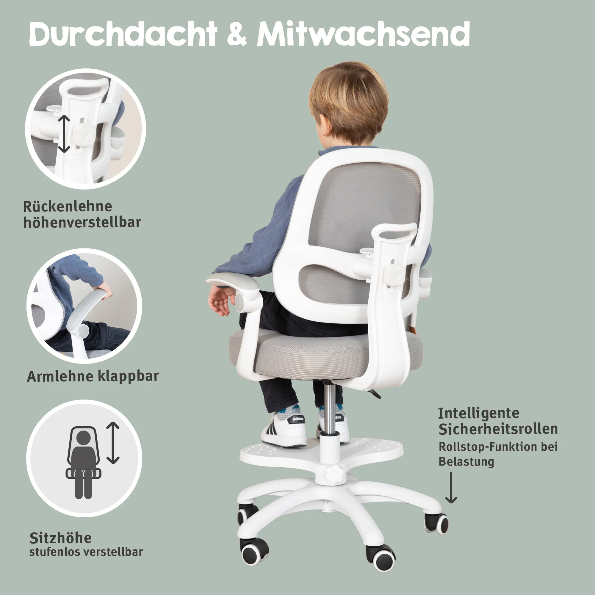 Kinderbürostuhl Smart Grow 3D - Ergonomischer Drehstuhl - Höhenverstellbar - Weiß / Grau - Image 32
