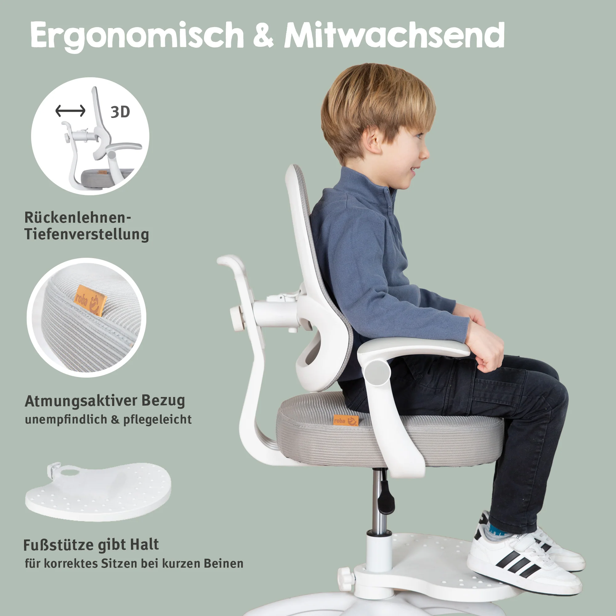Kinderbürostuhl Smart Grow 3D - Ergonomischer Drehstuhl - Höhenverstellbar - Weiß / Grau - Image 33