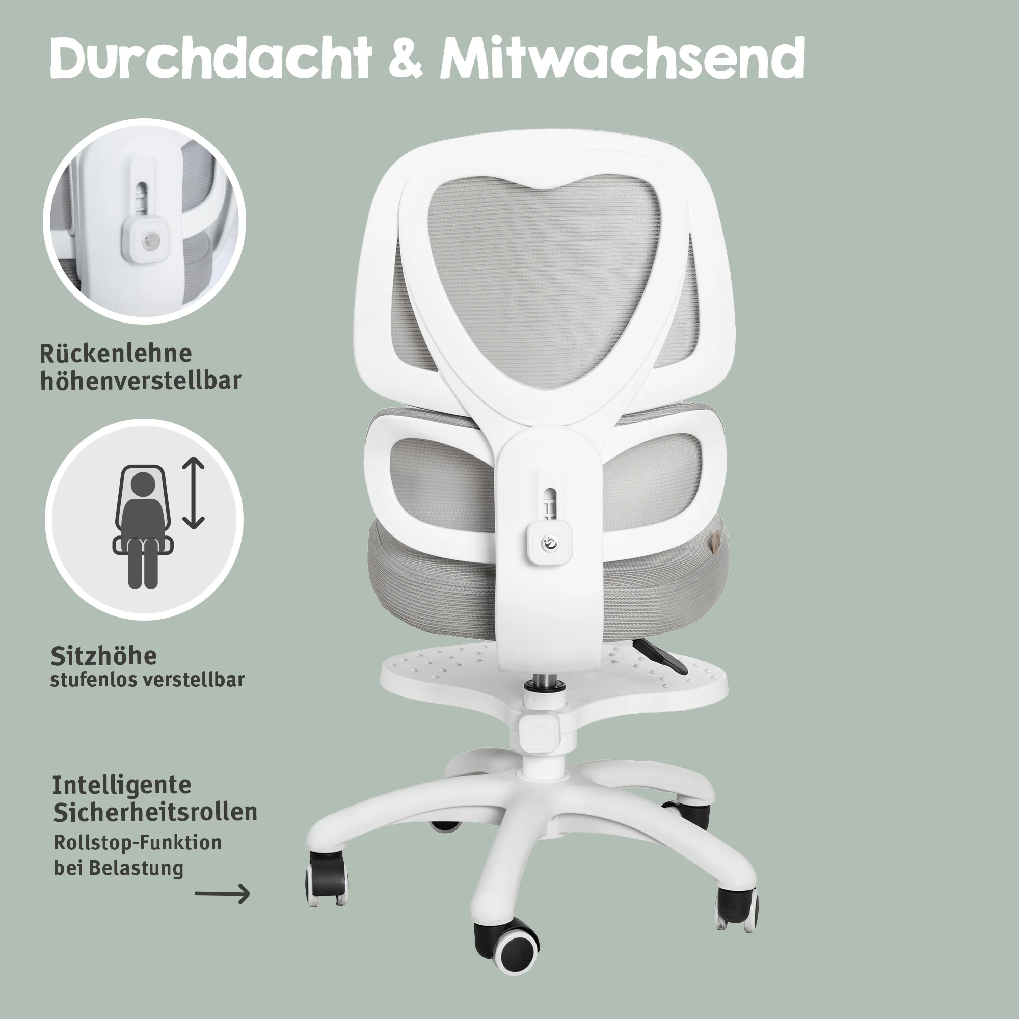 Kinderbürostuhl Smart Grow Premium - Ergonomischer Drehstuhl - Höhenverstellbar - Weiß / Grau - Image 11