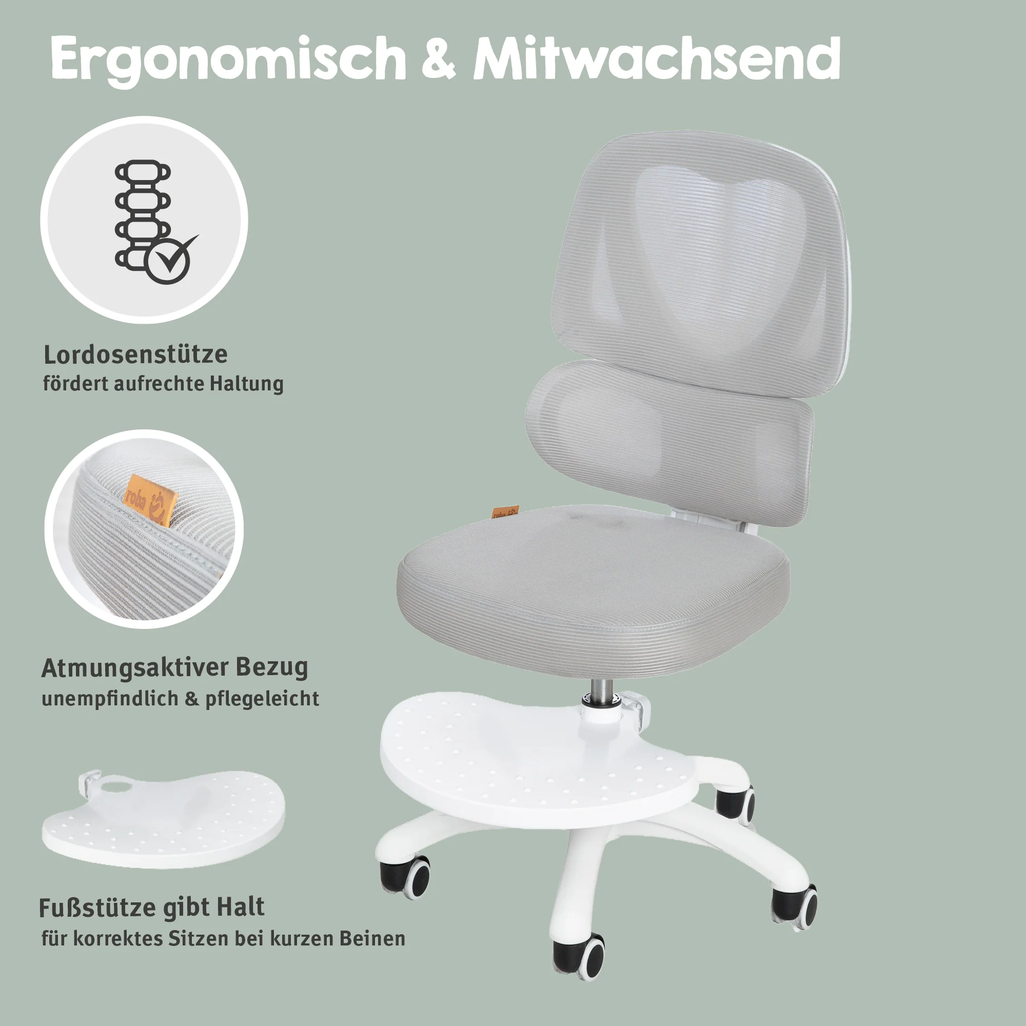Kinderbürostuhl Smart Grow Premium - Ergonomischer Drehstuhl - Höhenverstellbar - Weiß / Grau - Image 12
