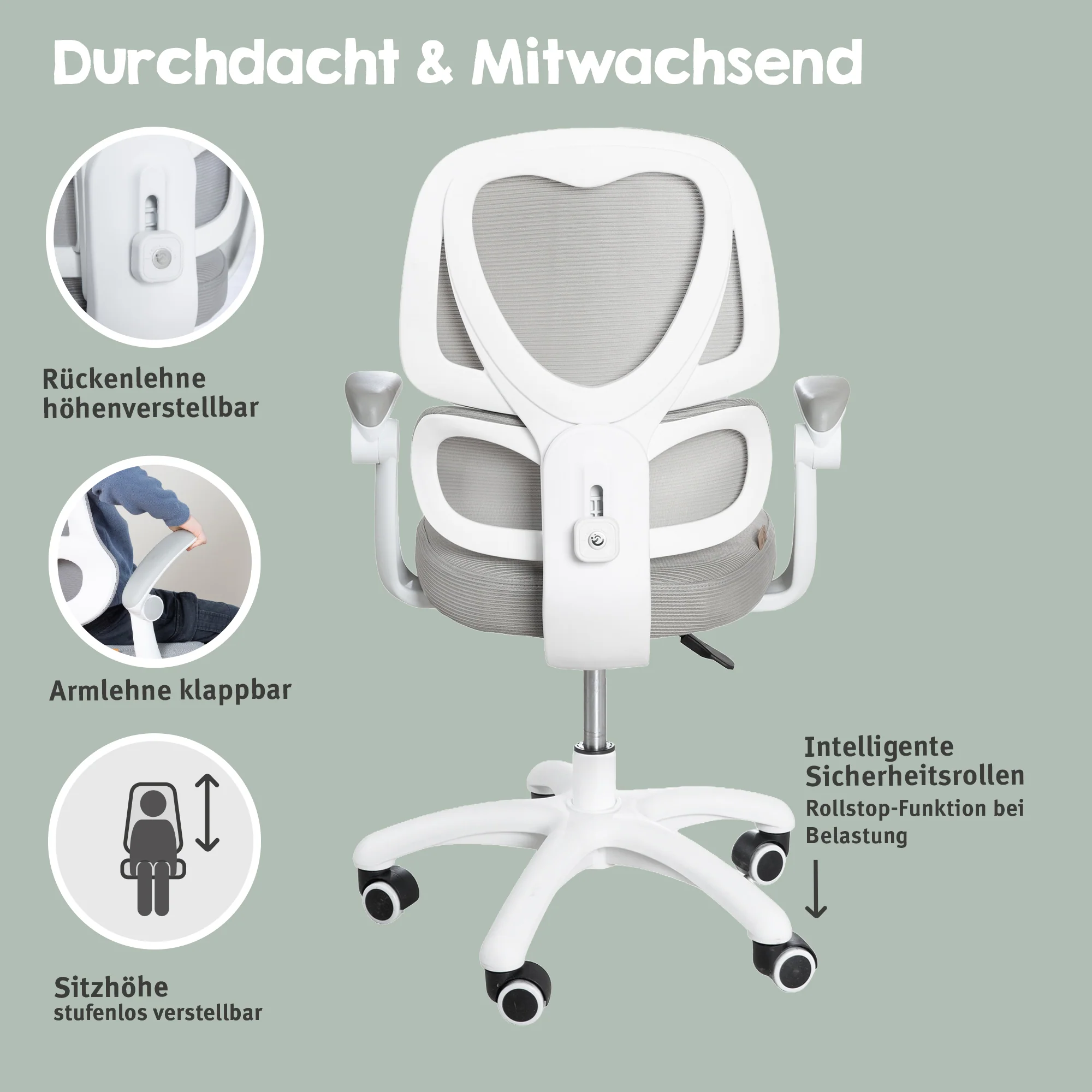 Kinderbürostuhl Smart Grow Premium - Ergonomischer Drehstuhl - Höhenverstellbar - Weiß / Grau - Image 19