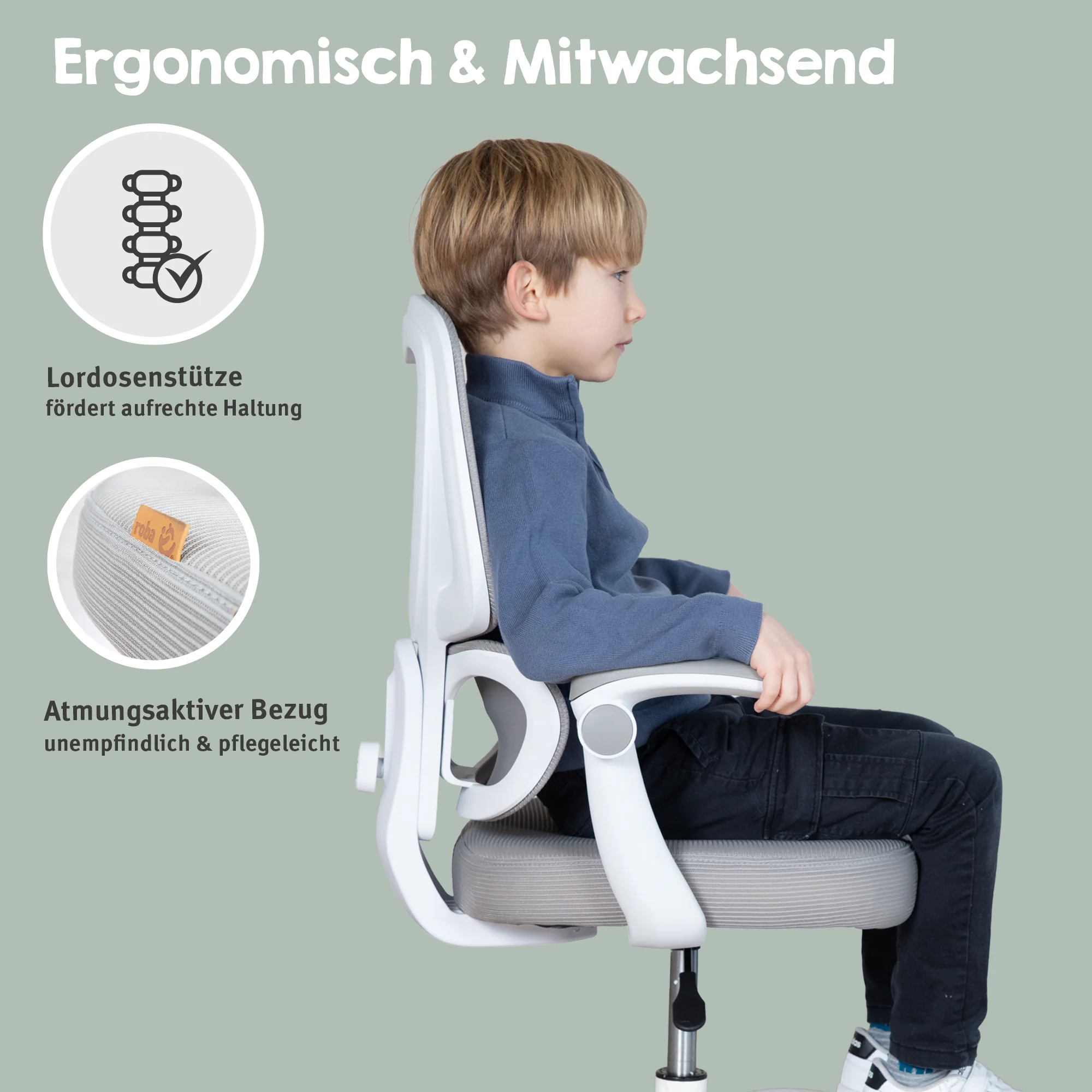 Kinderbürostuhl Smart Grow Premium - Ergonomischer Drehstuhl - Höhenverstellbar - Weiß / Grau - Image 20