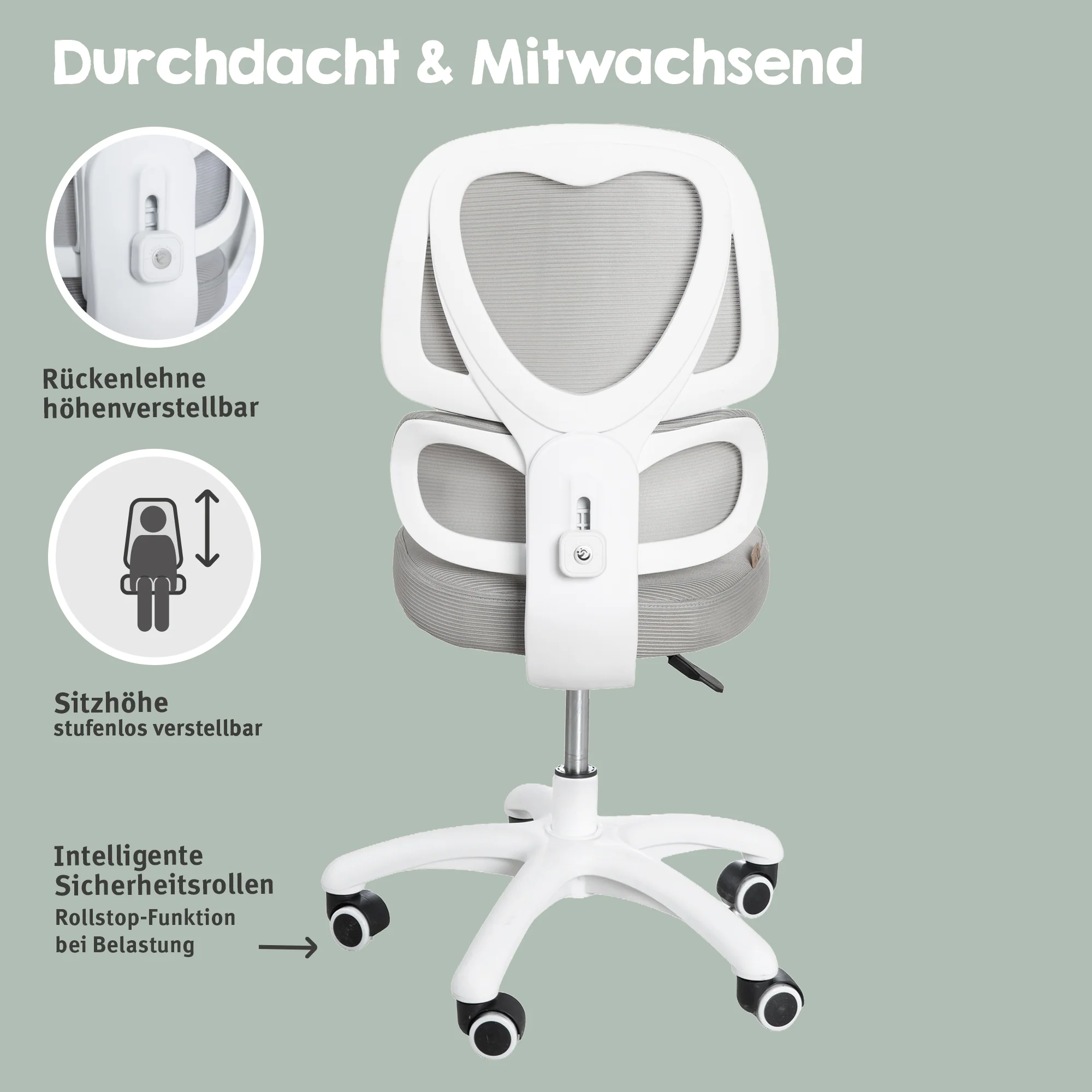 Kinderbürostuhl Smart Grow Premium - Ergonomischer Drehstuhl - Höhenverstellbar - Weiß / Grau - Image 3